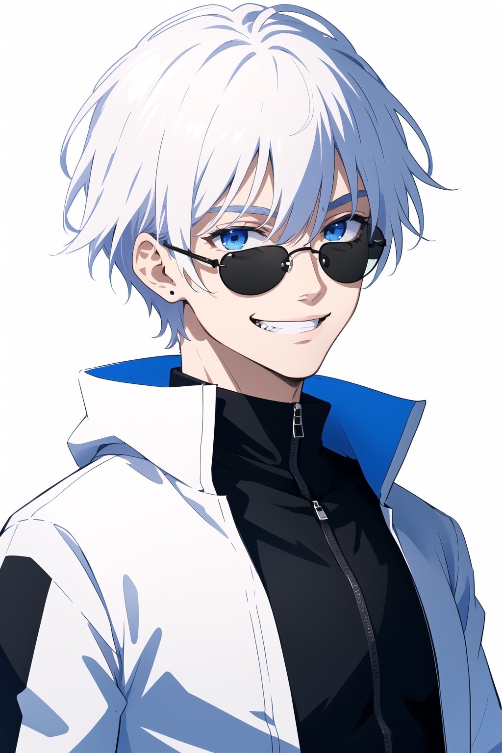 solo, looking at viewer, smile, short hair, bangs, blue eyes, simple background, long sleeves, 1boy, white background, hair between eyes, school uniform, jacket, upper body, white hair, male focus, grin, black jacket, sunglasses, high collar, round eyewear, gojou satoru