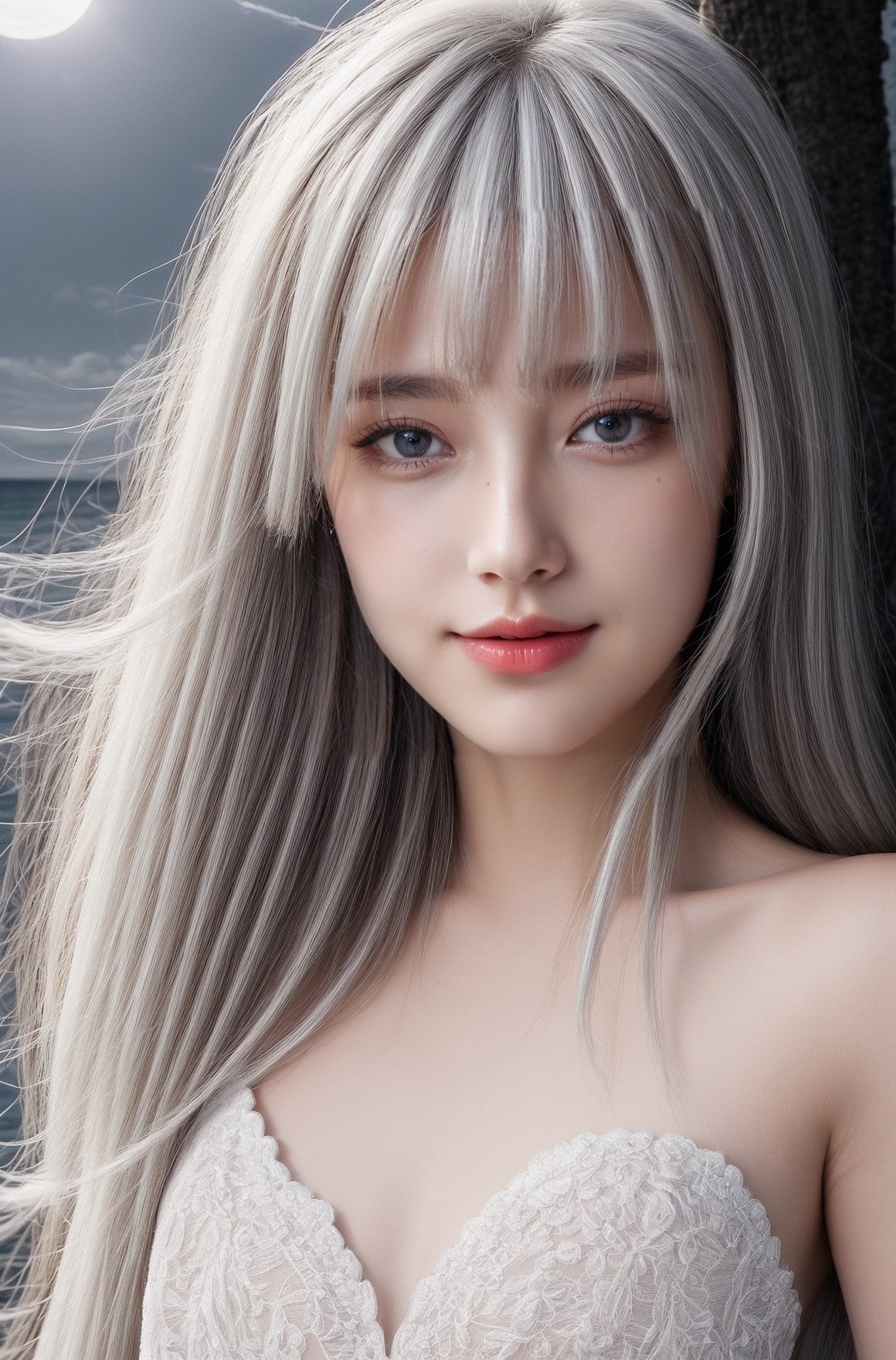 (8k, best quality, masterpiece), (ultra-detailed:1.1), (high detailed skin), bangs, 1girl, Elegant white dress with different details,  moonlit night on the beach, blue eyes, (white hair: 1.3), red eye shadow on the sides, smiling, high quality, detailed and vivid colors, hands correct, full body