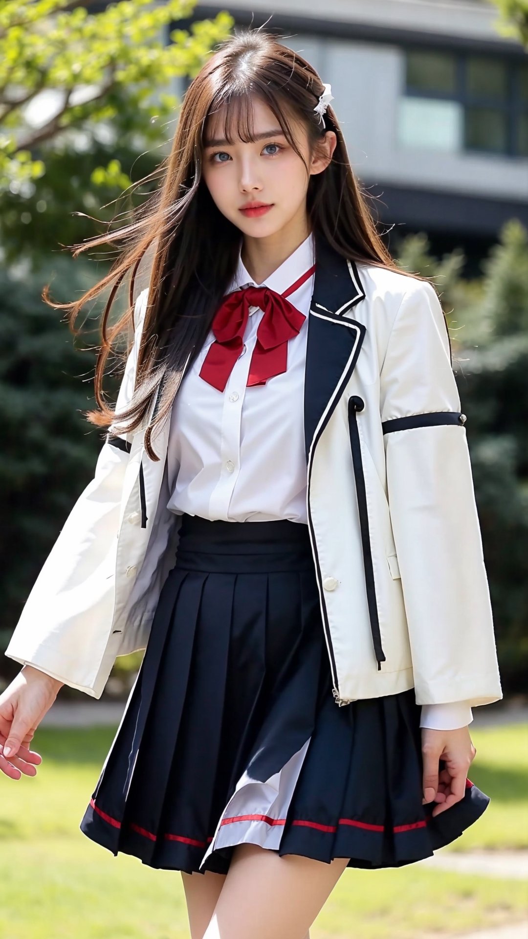 High Quality, Lossless, Clean, Raw, High Quality, Lossless, Clean, Raw, HD, girl, alone, clear lights, bangs in her hair, blue eyes, beautiful girl, anoa magic academy school uniform, shirt, white shirt, buttons, buttoned cuffs, jacket, white jacket, cropped jacket, bow, red bow, bowtie, red bowtie, long sleeves, puffy sleeves, skirt, red skirt, pleated skirt, shoes, arm belt, high-waist skirt, ascot, red ascot, solo