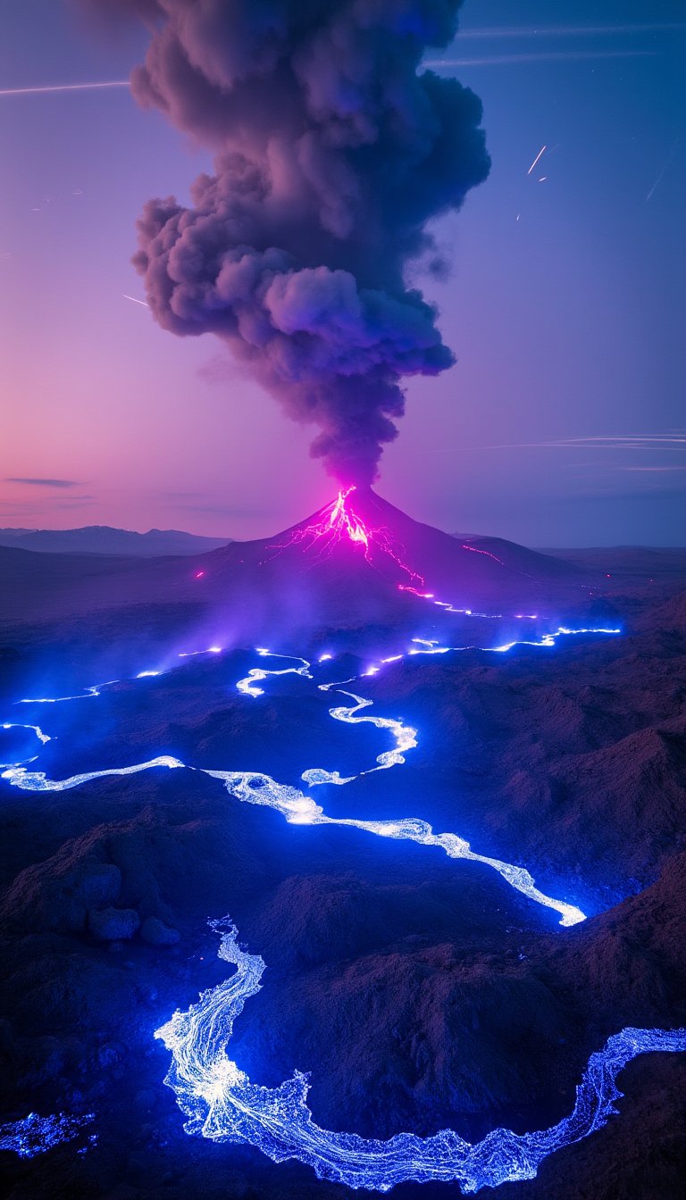 A highly dynamic digital artwork depicting a violent volcanic eruption at dusk. The central focal point is a large dark-colored volcano that occupies the top center of the image, with a huge plume of thick grey smoke rising straight into the sky. Bright, neon-like lava streams pour down from the slopes of the volcano in electric blue and purple hues, creating lightning-like patterns across the landscape. These glowing streams light up the surroundings, creating a mesmerizing contrast against the dark volcanic landscape. A bright blue and white plume of ash and gas also rises from the top of the volcano, adding to the dramatic effect. In the foreground, glowing blue and purple lava flows over the rocky terrain, illuminating the dark rocks and creating intricate patterns on the ground. The background depicts a vast, serene landscape with a high mountain range in the distance, with its snow-capped peaks glowing faintly under the twilight sky. The sky changes from a deep blue at the top to a warmer gradient near the horizon, with purple and pink hues reminiscent of dusk or dawn. The scene is accentuated by multiple streaks of light that appear to be meteors or shooting stars, creating a dramatic atmosphere. The overall composition is vertical, high contrast and vibrant in colour, creating a powerful and visually striking scene that captures the raw energy and beauty of nature's ferocity in a surreal and evocative landscape.,Cinematic_Enhancer_Style