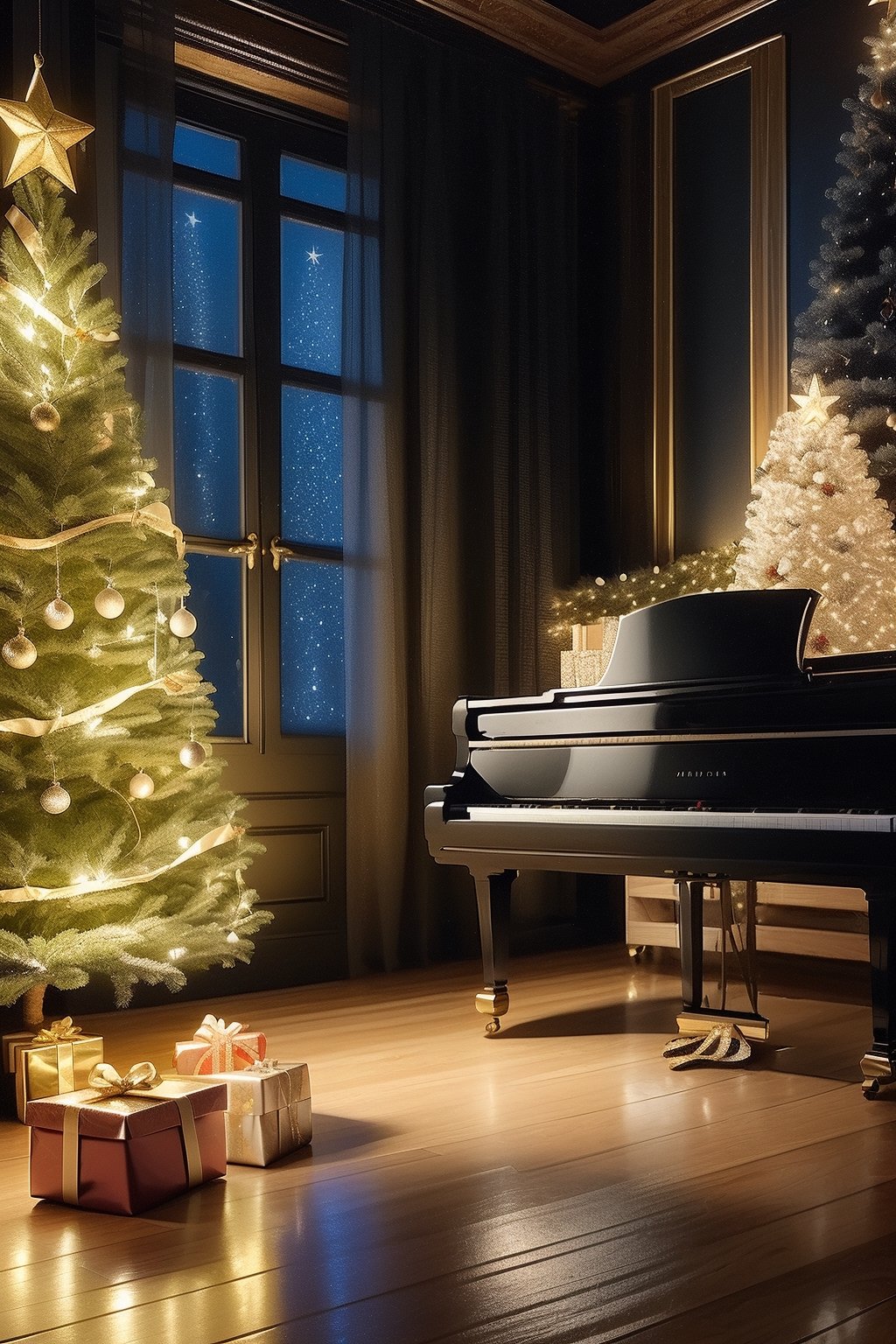 (high quality, 4K), piano, gift, decoration, Christmas, piano with a gift bow, piano, in a room, realistic