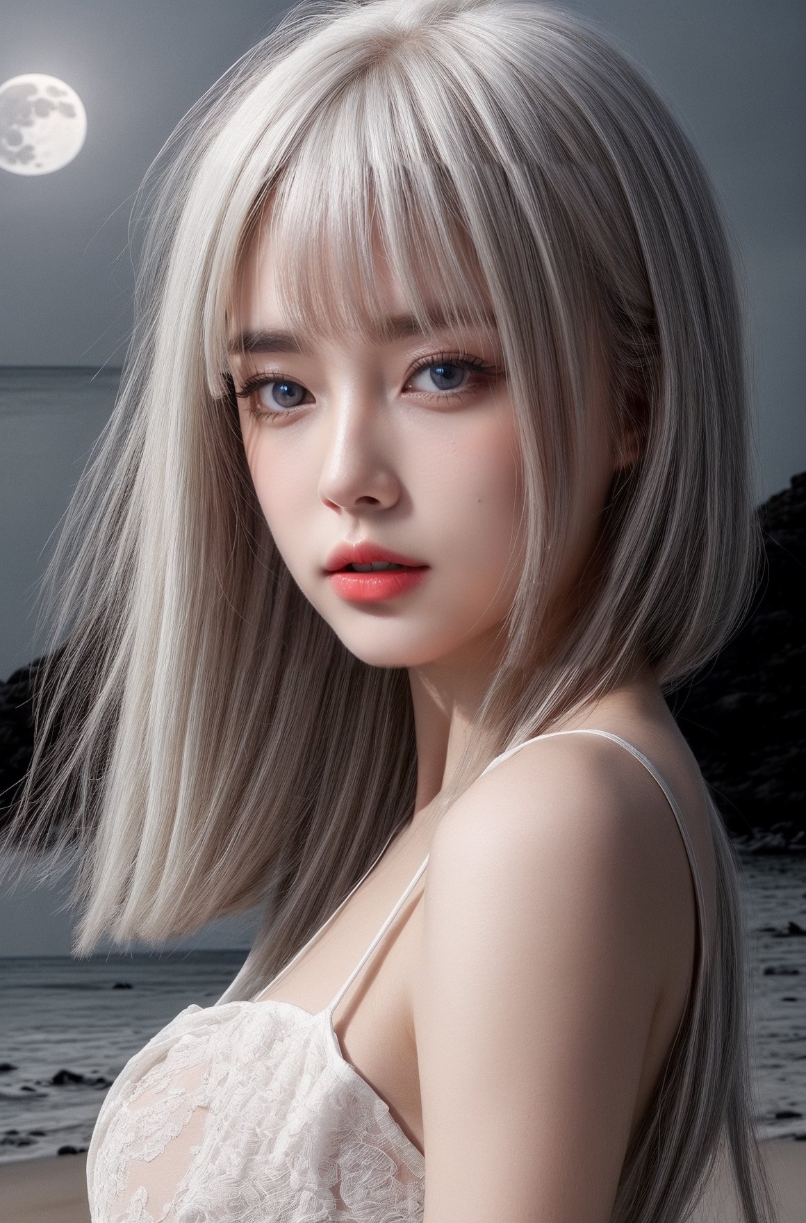 (8k, best quality, masterpiece), (ultra-detailed:1.1), (high detailed skin), bangs, 1girl, Elegant white dress with different details,  moonlit night on the beach, blue eyes, (white hair: 1.3), red eye shadow on the sides