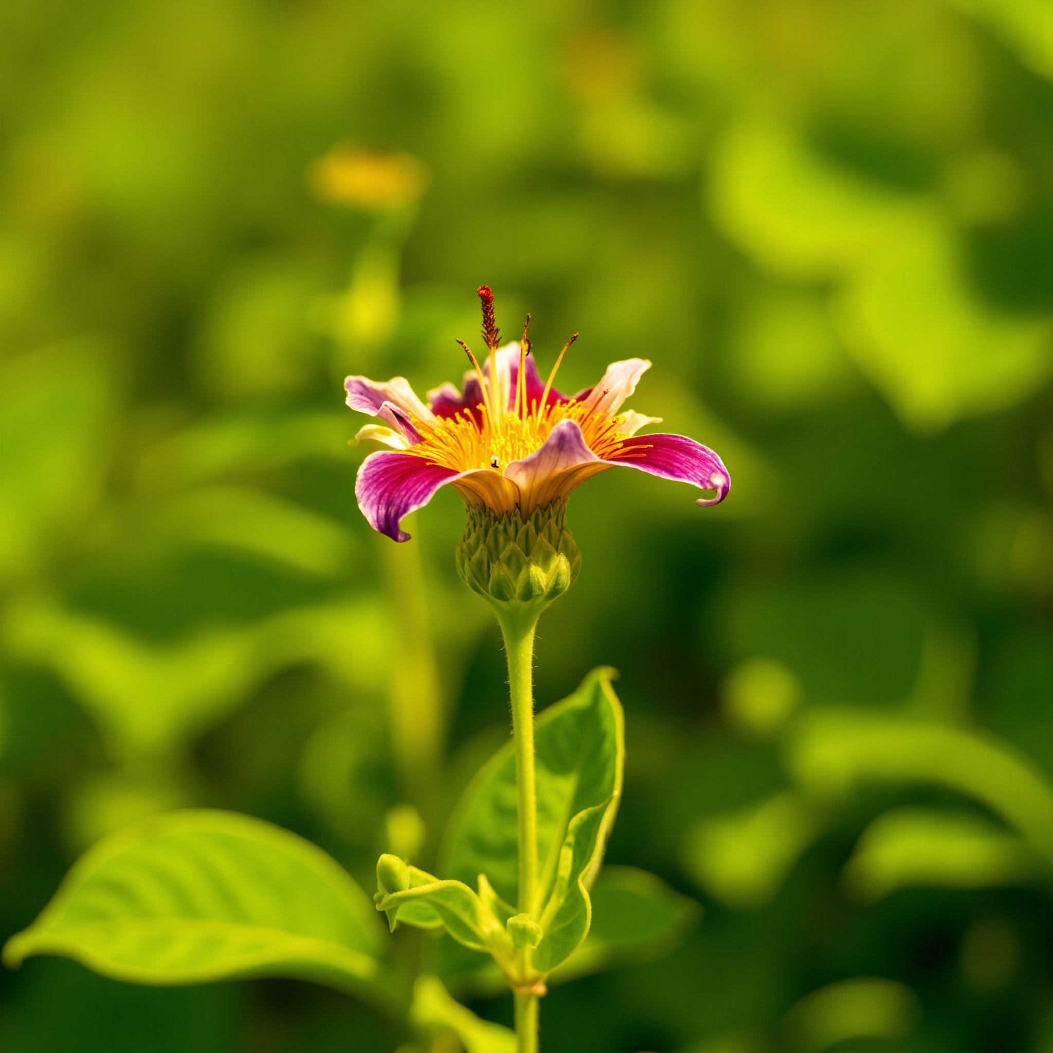 A delicate rainbow-colored flower blooms against a bright green leafy background, its petals unfolding like a tiny umbrella. Soft morning light casts a warm glow, illuminating the intricate details of the flower's center. The composition is framed by a circular branch, creating a sense of symmetry and harmony.