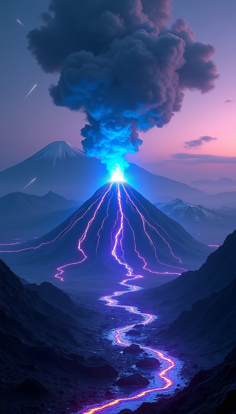 A highly dynamic digital artwork depicting a violent volcanic eruption at dusk. The central focal point is a large dark-colored volcano that occupies the top center of the image, with a huge plume of thick grey smoke rising straight into the sky. Bright, neon-like lava streams pour down from the slopes of the volcano in electric blue and purple hues, creating lightning-like patterns across the landscape. These glowing streams light up the surroundings, creating a mesmerizing contrast against the dark volcanic landscape. A bright blue and white plume of ash and gas also rises from the top of the volcano, adding to the dramatic effect. In the foreground, glowing blue and purple lava flows over the rocky terrain, illuminating the dark rocks and creating intricate patterns on the ground. The background depicts a vast, serene landscape with a high mountain range in the distance, with its snow-capped peaks glowing faintly under the twilight sky. The sky changes from a deep blue at the top to a warmer gradient near the horizon, with purple and pink hues reminiscent of dusk or dawn. The scene is accentuated by multiple streaks of light that appear to be meteors or shooting stars, creating a dramatic atmosphere. The overall composition is vertical, high contrast and vibrant in colour, creating a powerful and visually striking scene that captures the raw energy and beauty of nature's ferocity in a surreal and evocative landscape.