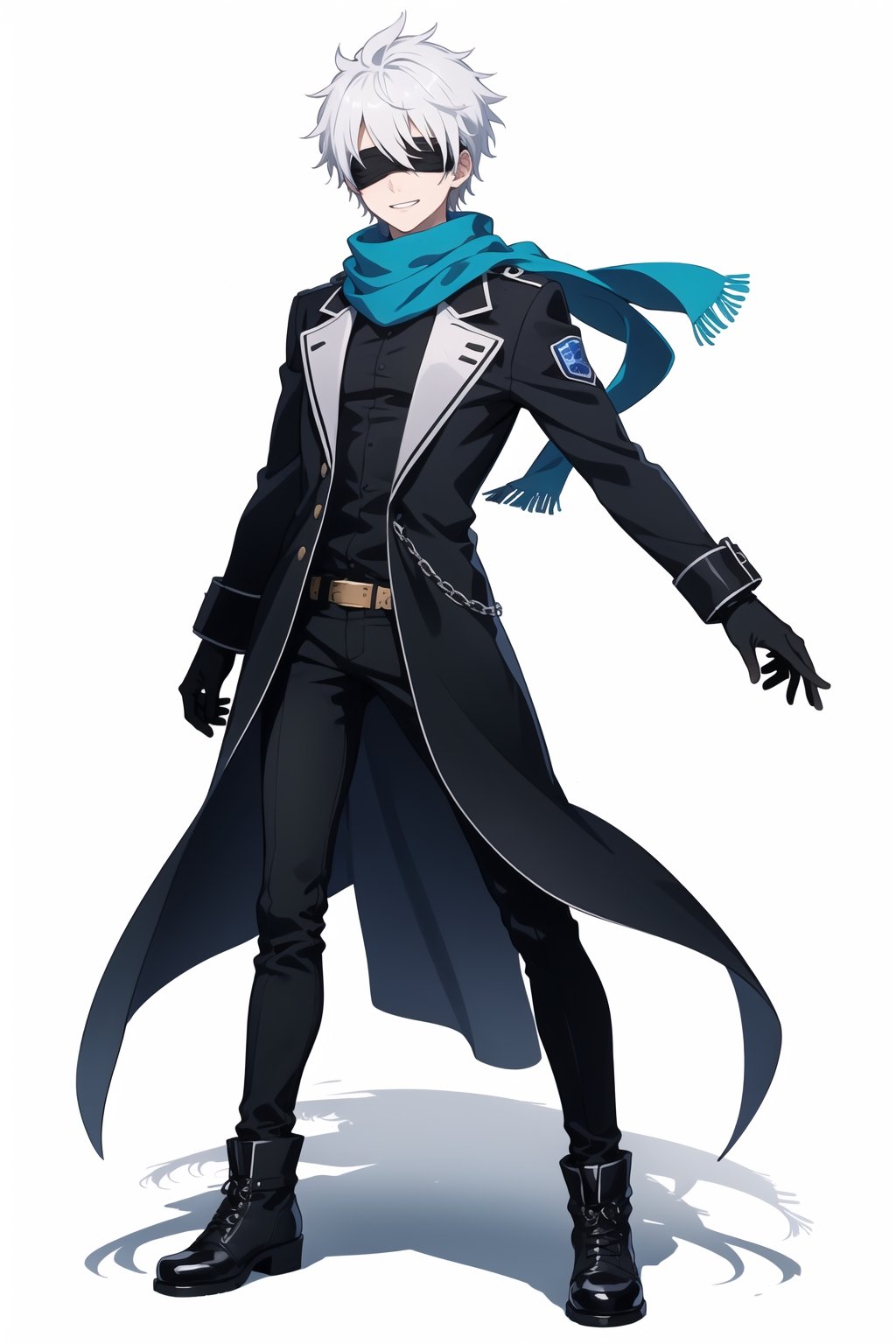 solo, smile, short hair, simple background, gloves, long sleeves, 1boy, white background, holding, closed mouth, standing, jacket, full body, white hair, male focus, shoes, pants, scarf, black footwear, black jacket, black pants, spiked hair, facing viewer, blindfold, blue gloves, covered eyes, blue scarf, black blindfold, gojou satoru