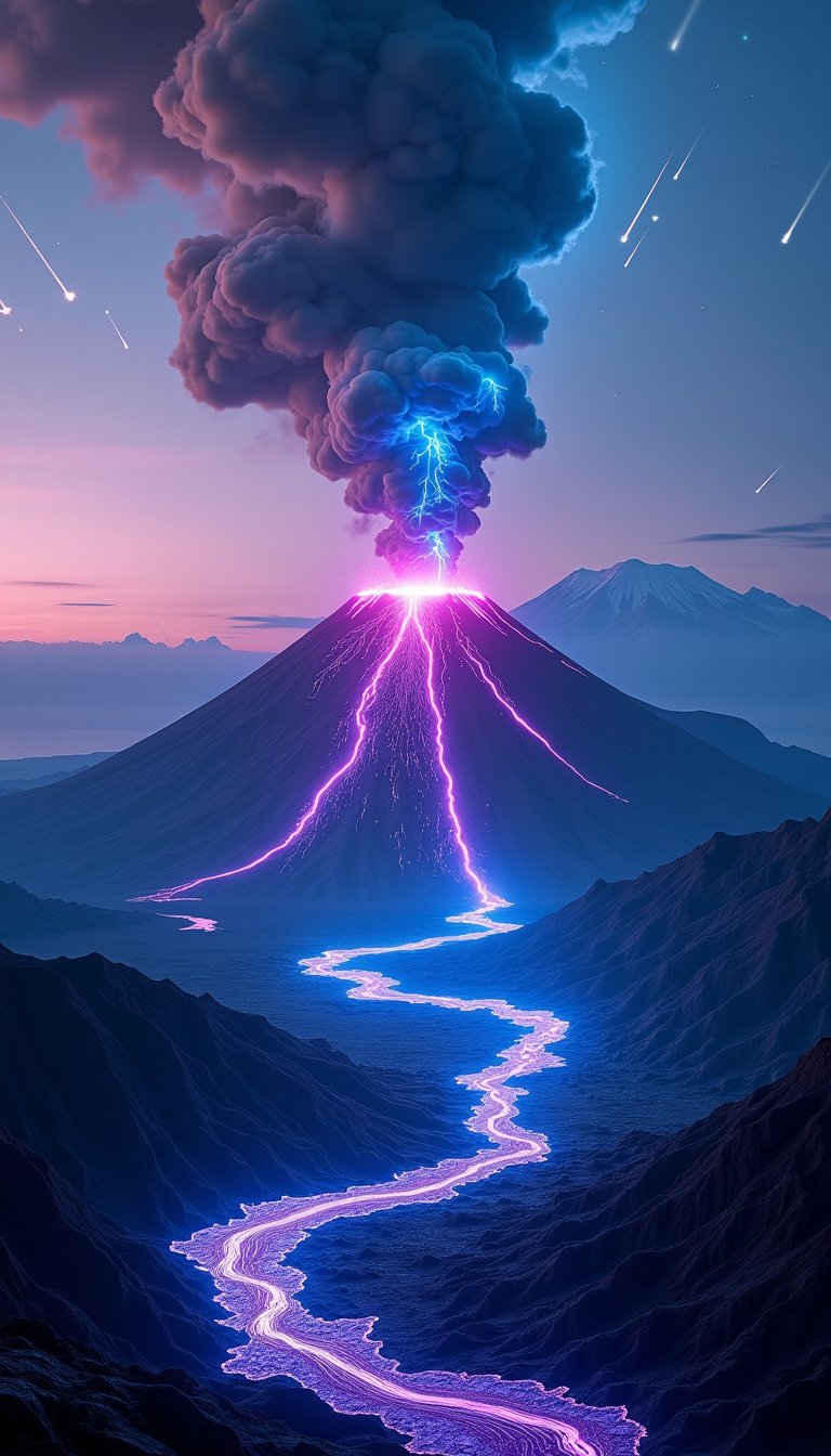 A highly dynamic digital artwork depicting a violent volcanic eruption at dusk. The central focal point is a large dark-colored volcano that occupies the top center of the image, with a huge plume of thick grey smoke rising straight into the sky. Bright, neon-like lava streams pour down from the slopes of the volcano in electric blue and purple hues, creating lightning-like patterns across the landscape. These glowing streams light up the surroundings, creating a mesmerizing contrast against the dark volcanic landscape. A bright blue and white plume of ash and gas also rises from the top of the volcano, adding to the dramatic effect. In the foreground, glowing blue and purple lava flows over the rocky terrain, illuminating the dark rocks and creating intricate patterns on the ground. The background depicts a vast, serene landscape with a high mountain range in the distance, with its snow-capped peaks glowing faintly under the twilight sky. The sky changes from a deep blue at the top to a warmer gradient near the horizon, with purple and pink hues reminiscent of dusk or dawn. The scene is accentuated by multiple streaks of light that appear to be meteors or shooting stars, creating a dramatic atmosphere. The overall composition is vertical, high contrast and vibrant in colour, creating a powerful and visually striking scene that captures the raw energy and beauty of nature's ferocity in a surreal and evocative landscape.