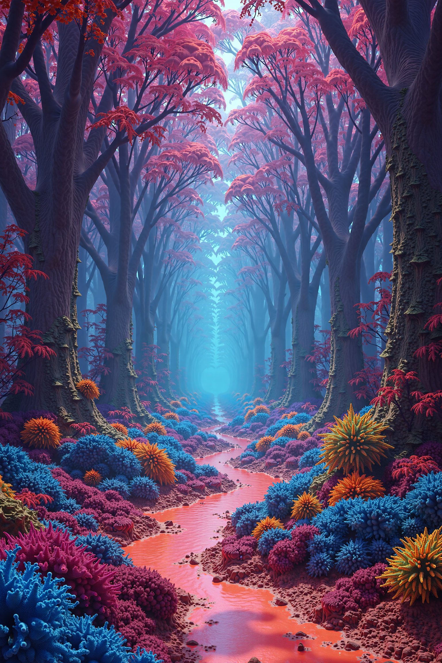 Mysterious landscape, vibrant (color) patterns, fractal-like foliage, DMT-inspired beings, (acción), complex textures, otherworldly structures, meeting with the (ser/entidad), vivid colors, hyperrealistic visuals, immersive DMT experience --v 5