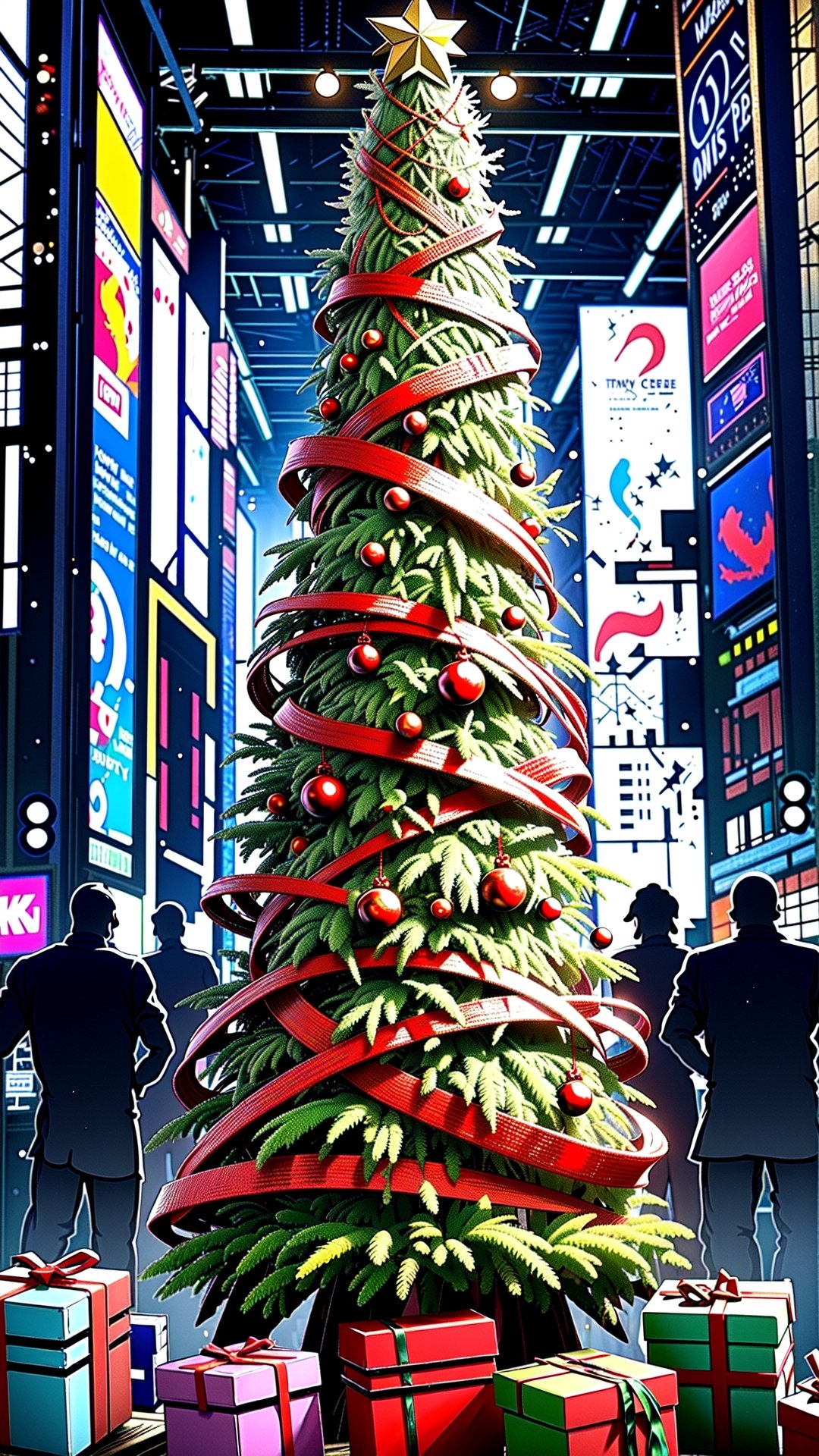 (((masterpiece))), high quality, extremely detailed, 4K, 8K, (cyberpunk city:1.3), (christmas tree:1.3), (present box:1.2), no human, super fine illustration, real photo, line art, approaching perfection, insanely detailed, concept art, epic, cinematic. Unreal engine 5,ink