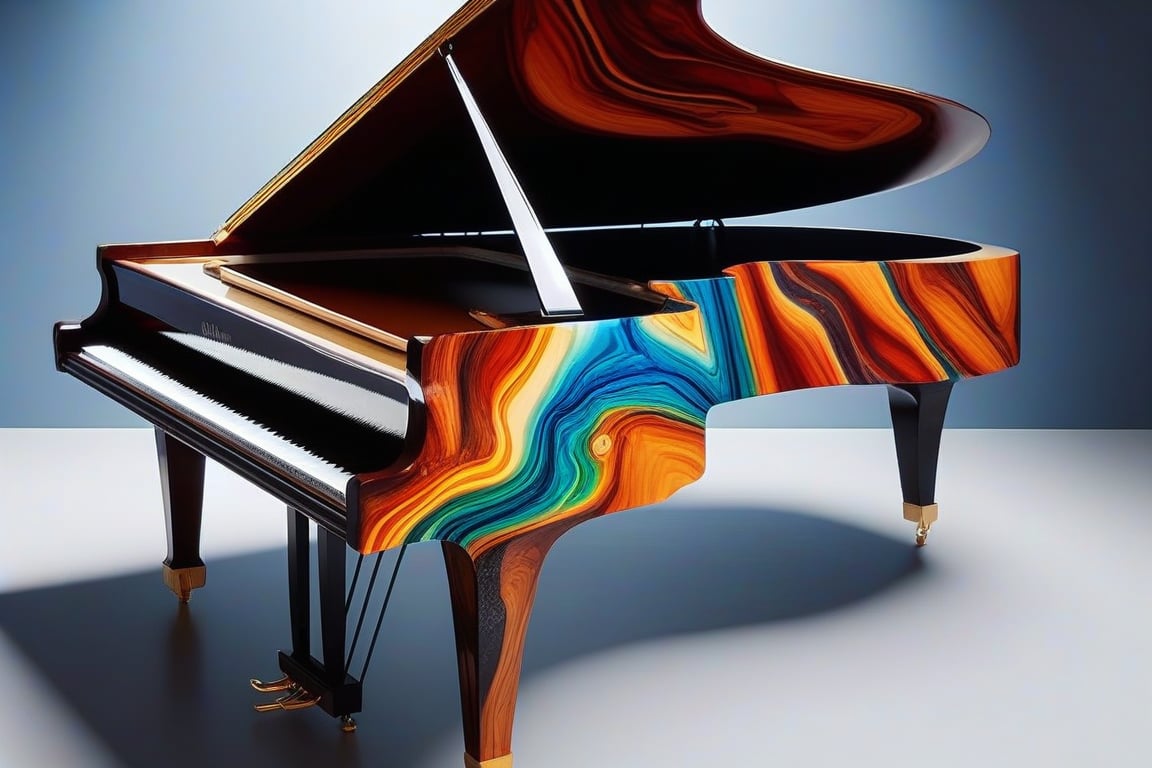 A photorealistic image of an grand piano made from epoxy resin and timber, concept fusion piece, vibrant colour resin, fluid dynamic, flowing, exotic timber, detailed background, no humans, still life, reflection, shadow, water effect, AAr3s1nfl0w