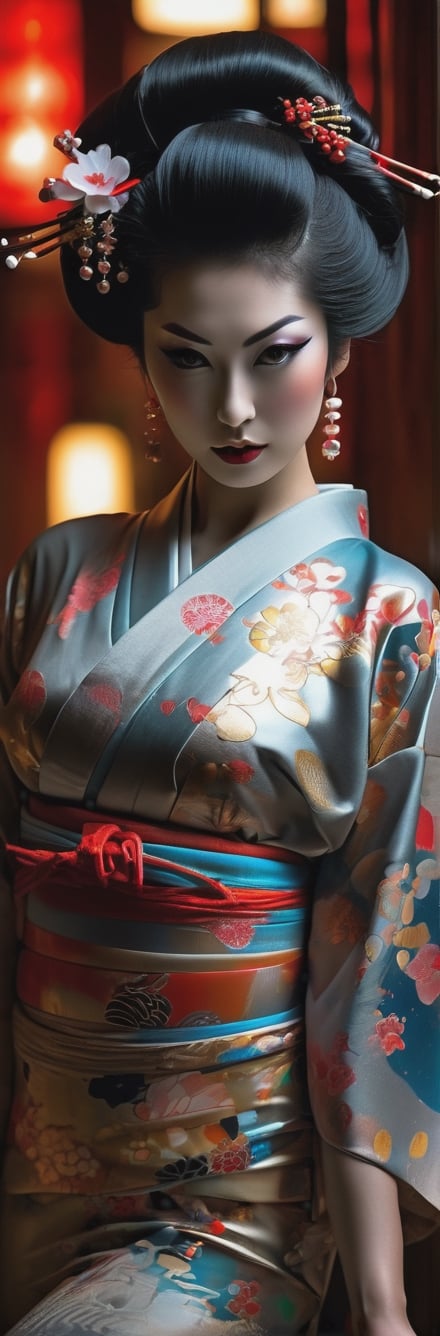 A Japanese woman in her twenties made of shiny white and silver translucent glass and plastic, slim voluptuous huge cleavage Geisha, geisha makeup and hairstyle, beautiful irezumi tattoos up and down her legs, Silver metal interior, dynamic poses, flowing organic structure, Glowing golden circuit, colorful neon decoration, light emitting circuit, neon decoration, Depth of field focus f/2.8