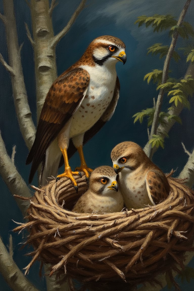 An EdwardH0pp3r style oil on canvas, in a cold dark winter woodland a sparrowhawk is perched on the edge of it's nest, looking away from the two baby sparrowhawks.