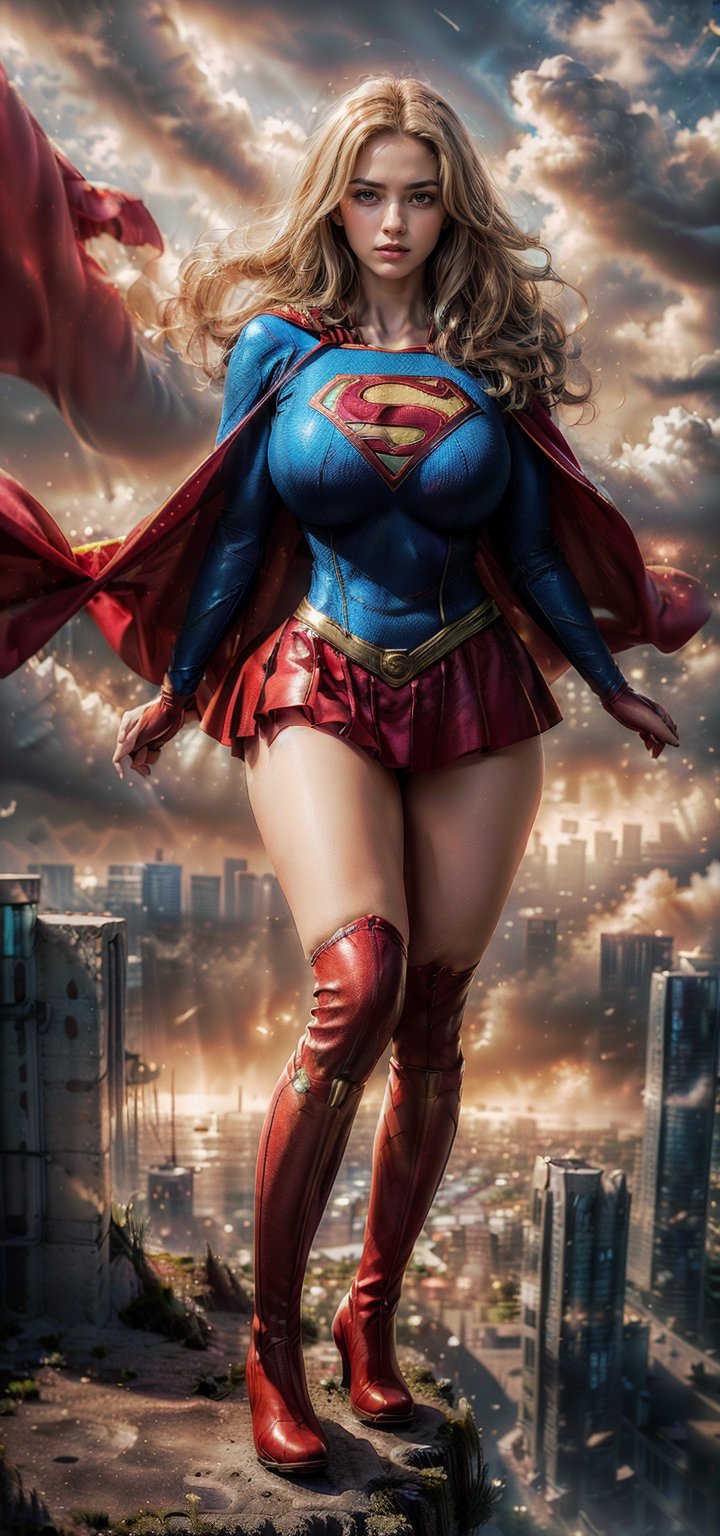 Detailedeyes,  Detailedface,  More Detail,  Realism,  Photorealism, 

1girl,  (solo:1.2),  young woman,  25yo,  ((supergirl)), beauty, blonde_bombshell,

{((wearing supergirl_cosplay_outfit, skintight), (red cape), long sleeves, red gloves, (red boots, red thighhigh_boots), (mini_skirt)},

{(hourglass_figure, large_breasts:1.4), (voluptuous,  curvy_figure,  curvaceous),  ((toned))},
{(blue_eyes,  bright_pupils),  makeup, smile}, 
 
{(blonde_hair, long_hair, center_part_hair, windy)}, 

{(background, ((flying:1.6), "flying in the sky", "island city below", clouds, dynamic pose, facing_viewer, wide shot, smile, from above, pov), dawn)},  (beautiful_face:1.5),  (full_body:1.6),  (masterpiece,  best quality:1.4)