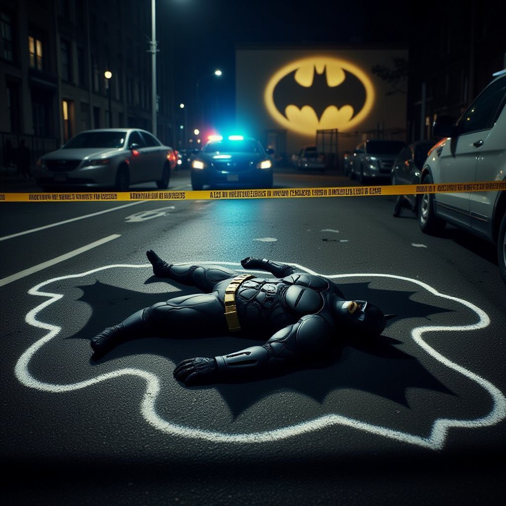 Batman lying dead in the middle of the road at night, a chalk outline around it's body as if it was a crime scene, wet road, flashing police lights, yellow police tape cordons the body, a beam of light projects the bat signal on to a building wall.