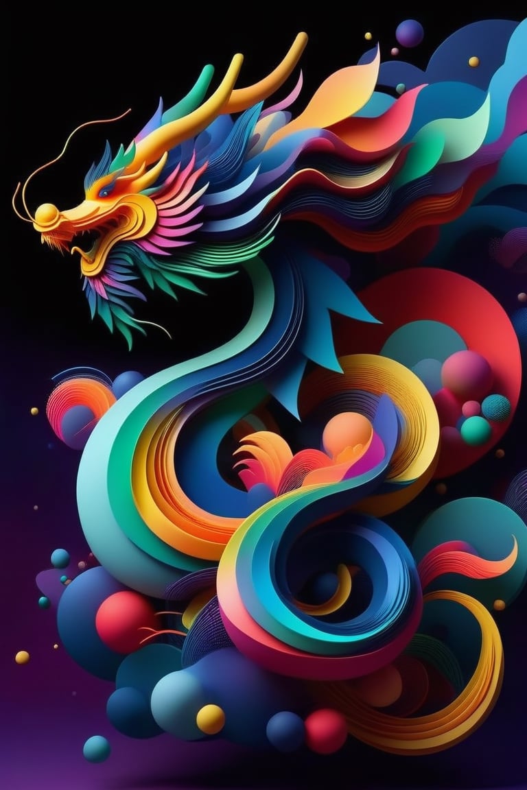 abstrgn dragon, minimalistic colourful organic forms, energy assembled, layered, depth, alive vibrant, 3D, abstract, full body, no humans, powerful claws, majestic tail, sweeping intricate horns, floating particles, eastern dragon, shadow, simple dark star-filled background