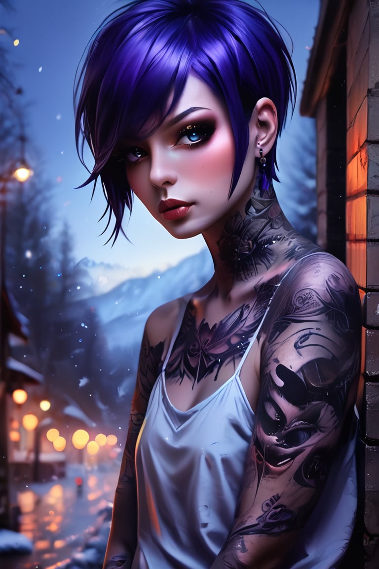 A photorealistic oil illustration of a beautiful goth female, sad eyes, lonely, sharp bobcut, purple hair, arm tatoo, epic composition, realistic, evening, bokeh lights, winter background, AAp41nt3dladies