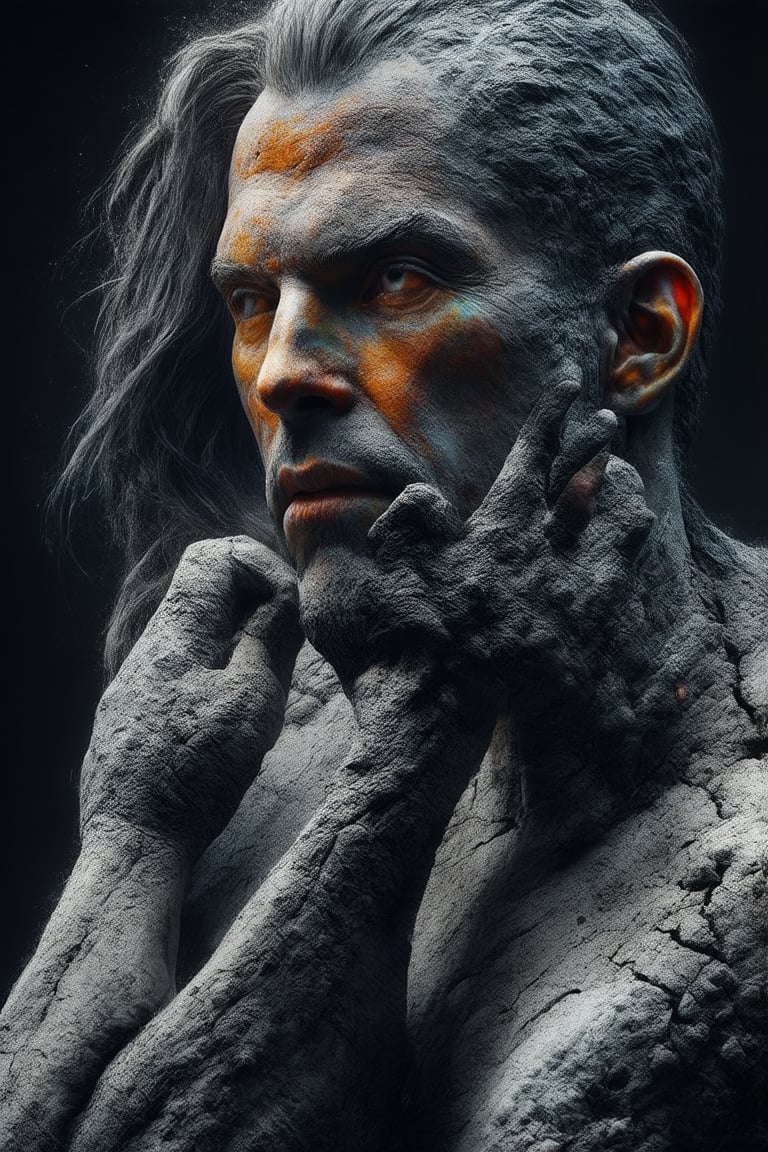 portrait of a ultrarealistic human man. 8k resolution, 4k image. HDR highly detailed. vivid. UHD, amazing depth, glowing rich colors, powerful imagery, incinerated ash arm, macro textured black ash arm, deep fine cracks, kintsugi, soft focus, half body editorial shot, depth of field, intricately hyperdetailed, amazing depth, expansive details, cracked surface, iridescent surface, Anna Dittmann, Dominic Qwek, complex masterwork by head of prompt engineering, ap0l0n1artSHC