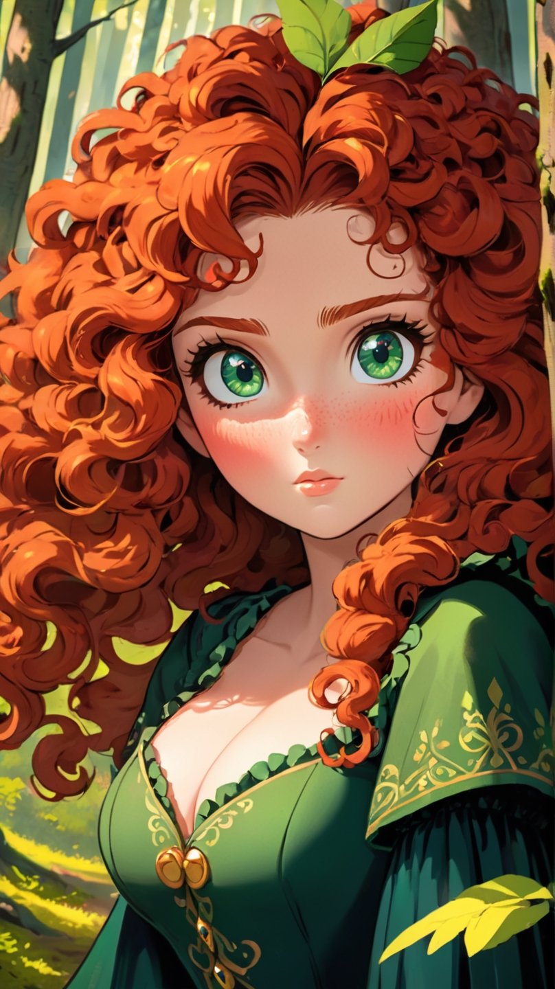 masterpiece, best quality, expressive eyes, perfect face, big eyes, looking at viewer, large breast, big breast, small waist, , Best Quality, Realistic, perfect figure, highly detailed, showing cleavage, dressed as merida from brave, Red curly hair, big hair, blue eyes, Green outfit, in the forest, detailed dress, freckles on her face, cheek blush, big puffy hair, very curly hair,Pixel art