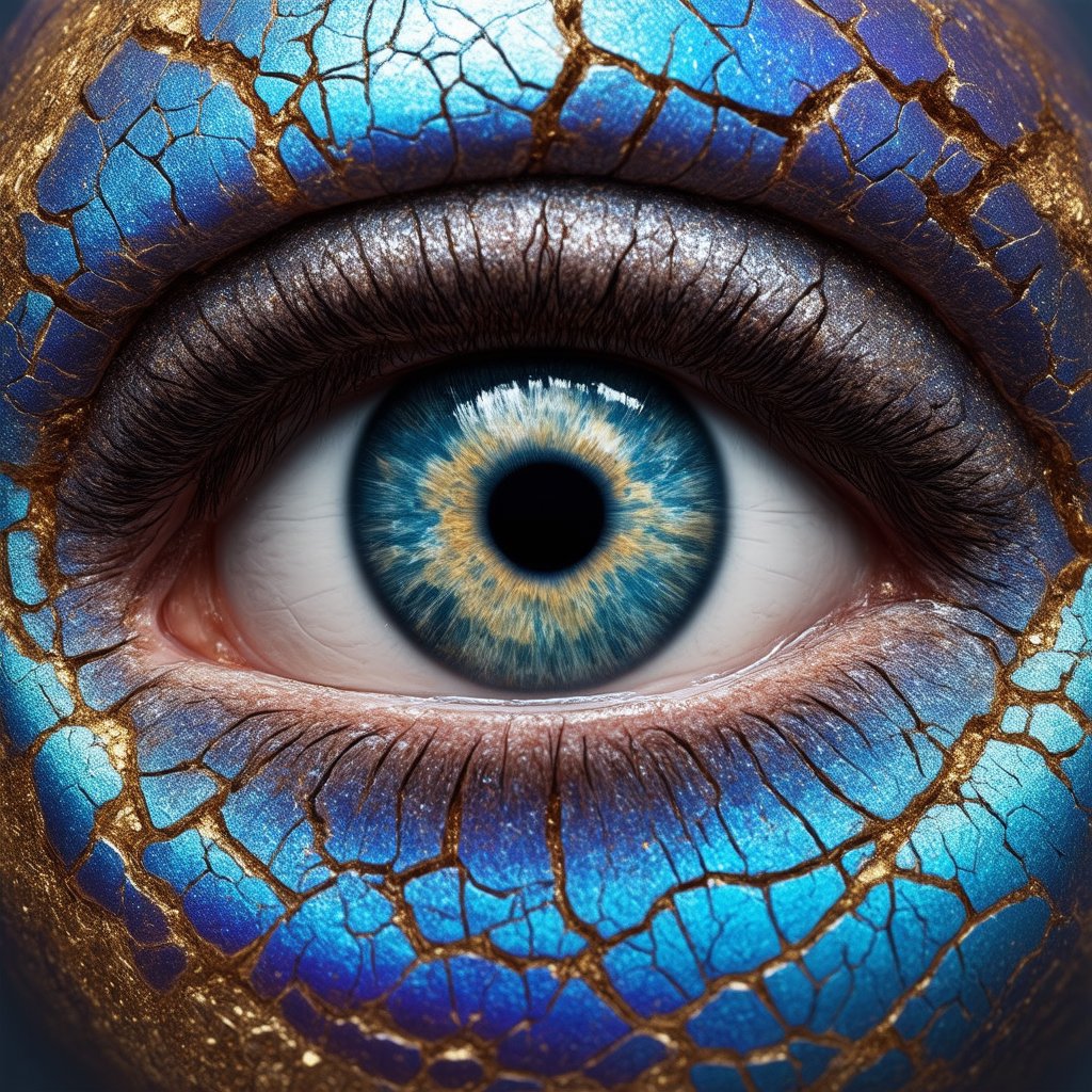 portrait of a macroscopic human eye porcelain kintsugi skin. 8k resolution, 4k image. HDR highly detailed. vivid. UHD, amazing depth, glowing rich colors, powerful imagery, cracked skin, shattered porcelain skin, deep fine cracks, kintsugi, soft focus, half body editorial shot, depth of field, intricately hyperdetailed, amazing depth, expansive details, cracked surface, iridescent surface, Anna Dittmann, Dominic Qwek, complex masterwork by head of prompt engineering