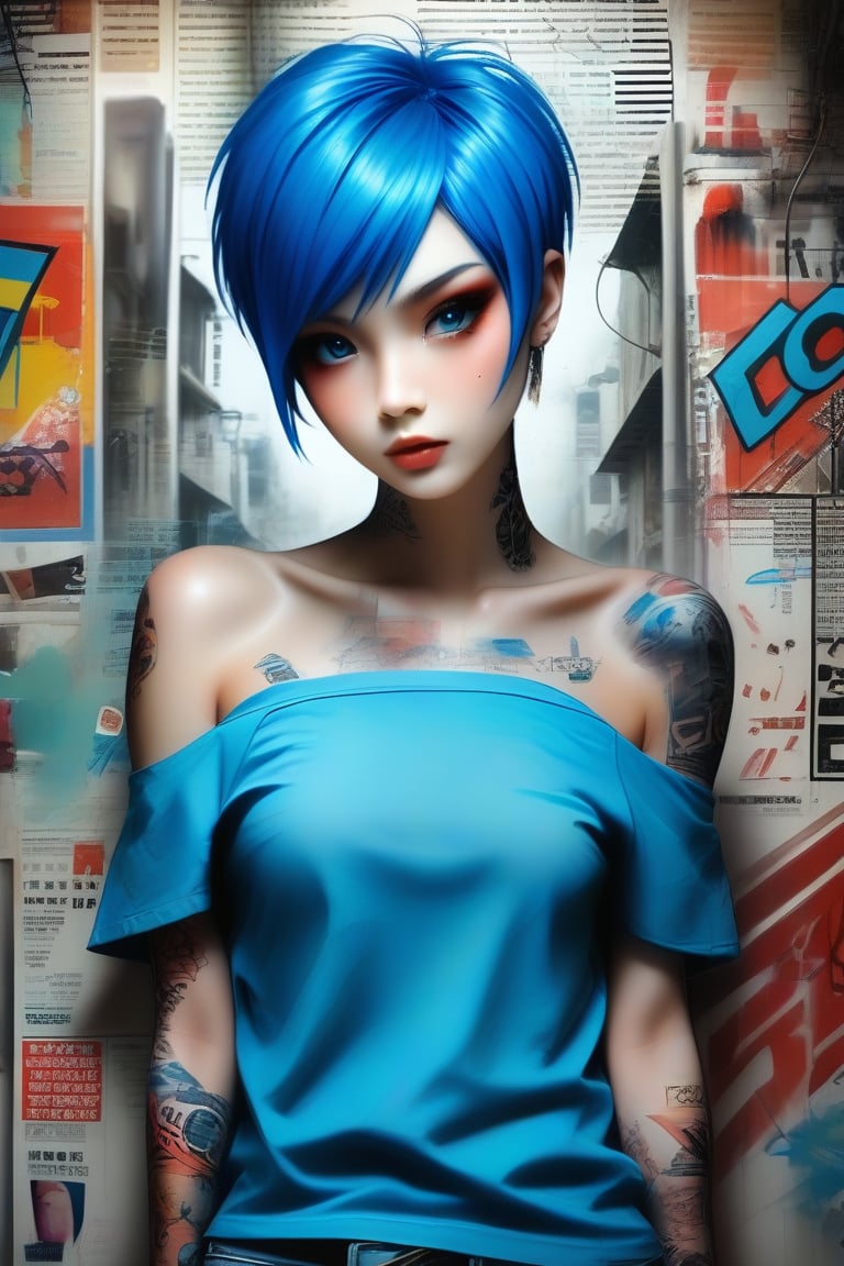 photorealism, photo-model view, Blue short hair, bold cut, off shoulder tank shirt, fashion pose, beautify tattoo on one shoulder, graffiti newspaper background, Head to shoulders shot, art by Wadim Kashin, Nicoletta Ceccoli, niji style, AAp41nt3dladies