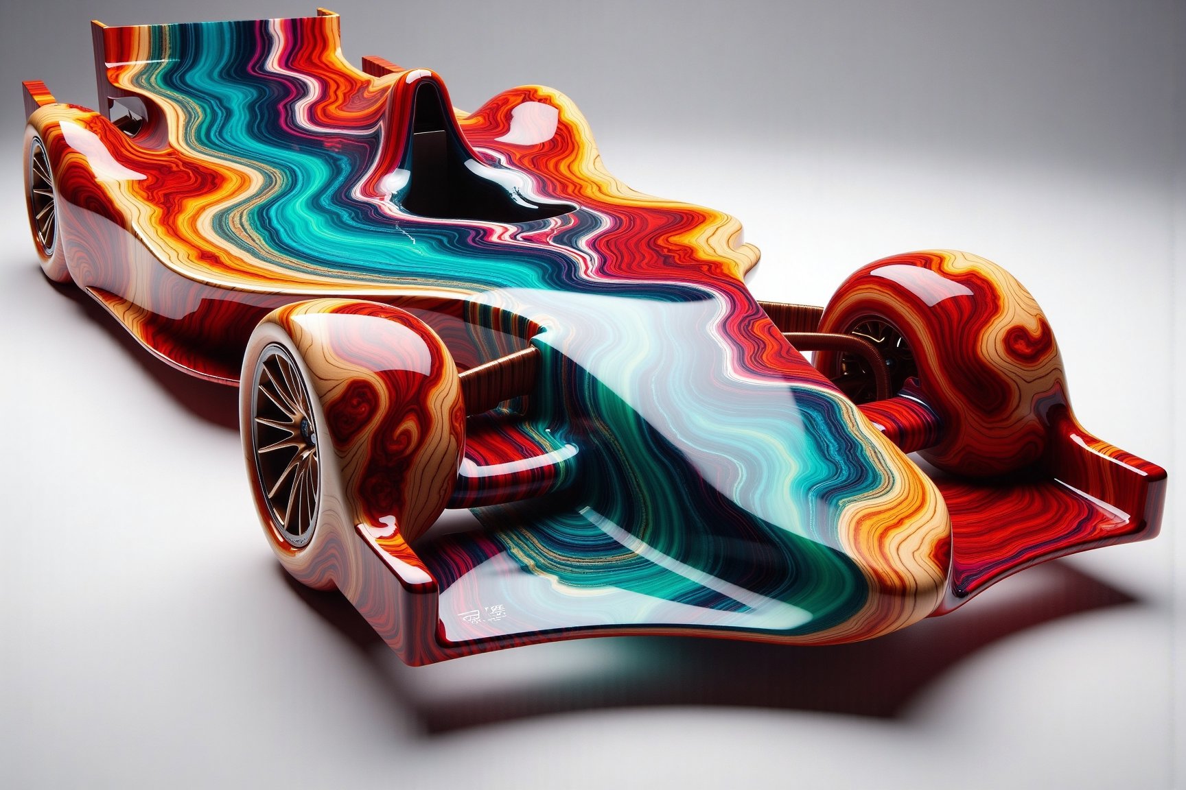 ResinflowFu510n style highly detailed, hyper-realistic image of a formula 1 car. The car has a river of vibrant epoxy resin running through it, creating a visually stunning fusion of fluidity and machinery.