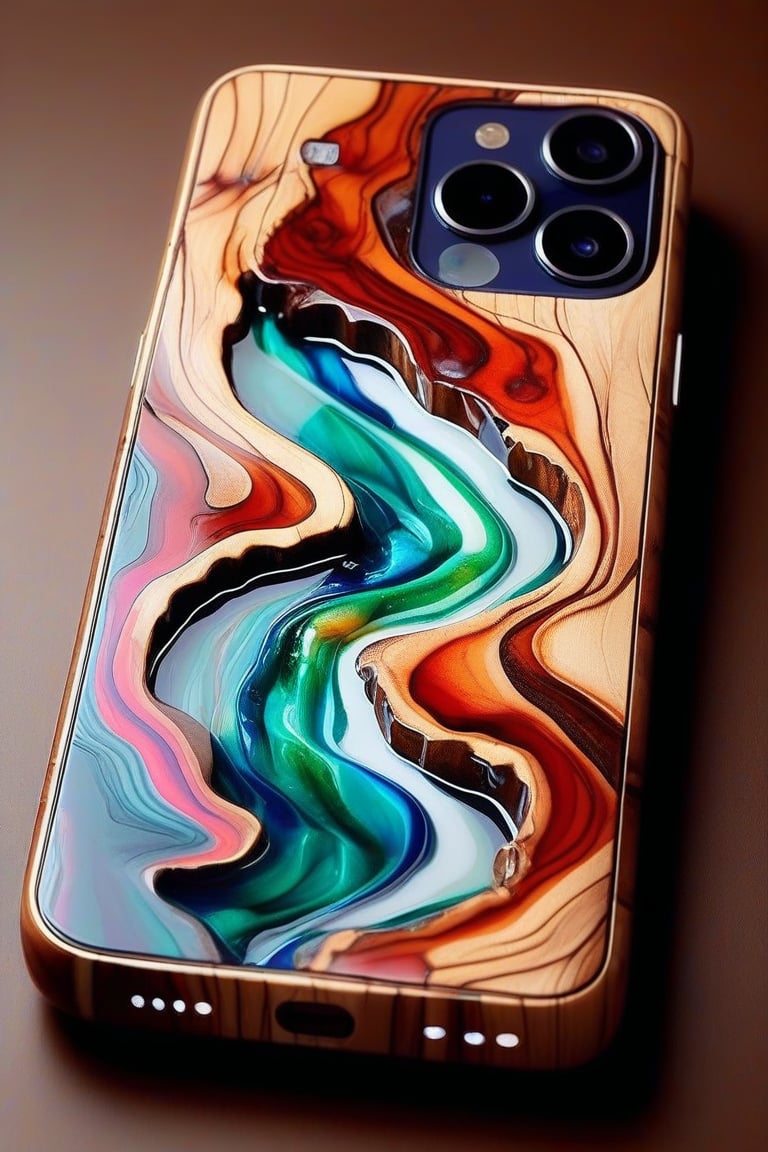 A photorealistic image of a cellphone made from epoxy resin and timber, concept fusion piece, vibrant colour resin, fluid dynamic, flowing, exotic timber, detailed background, no humans, still life, reflection, shadow, water effect, AAr3s1nfl0w