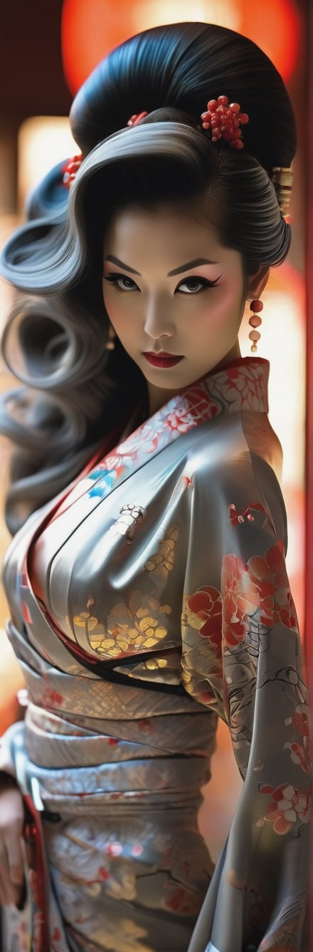 A Japanese woman in her twenties made of shiny white and silver translucent glass and plastic, slim voluptuous huge cleavage Geisha, geisha makeup and hairstyle, beautiful irezumi tattoos up and down her legs, Silver metal interior, dynamic poses, flowing organic structure, Glowing golden circuit, colorful neon decoration, light emitting circuit, neon decoration, Depth of field focus f/2.8