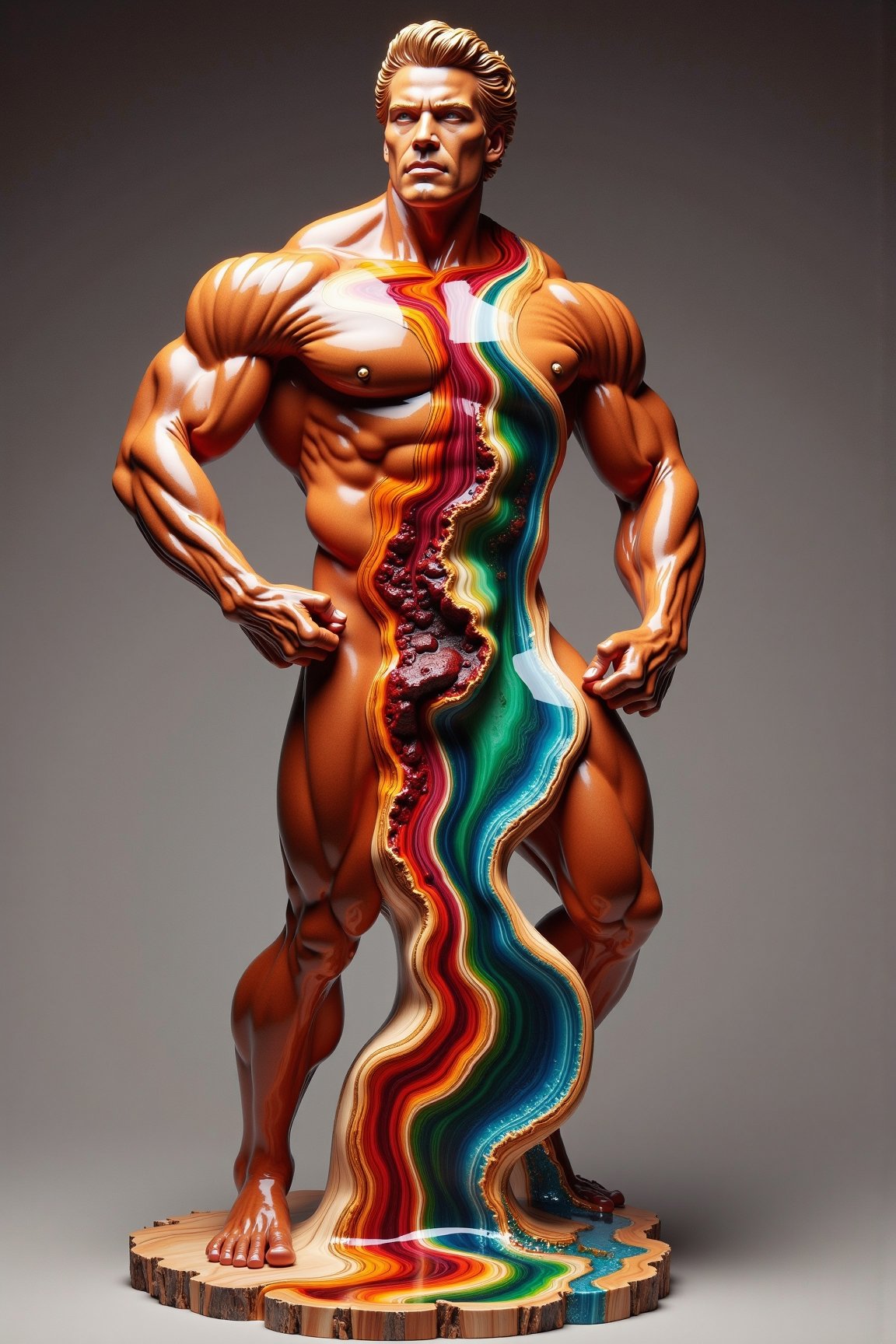 An ultra-high quality image of the cover for the magazine "Pumping Iron". featuring the current 1979 Mr Universe, Arnold Schwarzenegger. A side view muscle flex pose, exhibiting his incredible tanned and oiled physique. A ResinflowFu510n style body incorporating a beautifully vibrant river of colourful resin seemlessly flowing through the body, creating an abstract effect taht is alive with flowing energy.