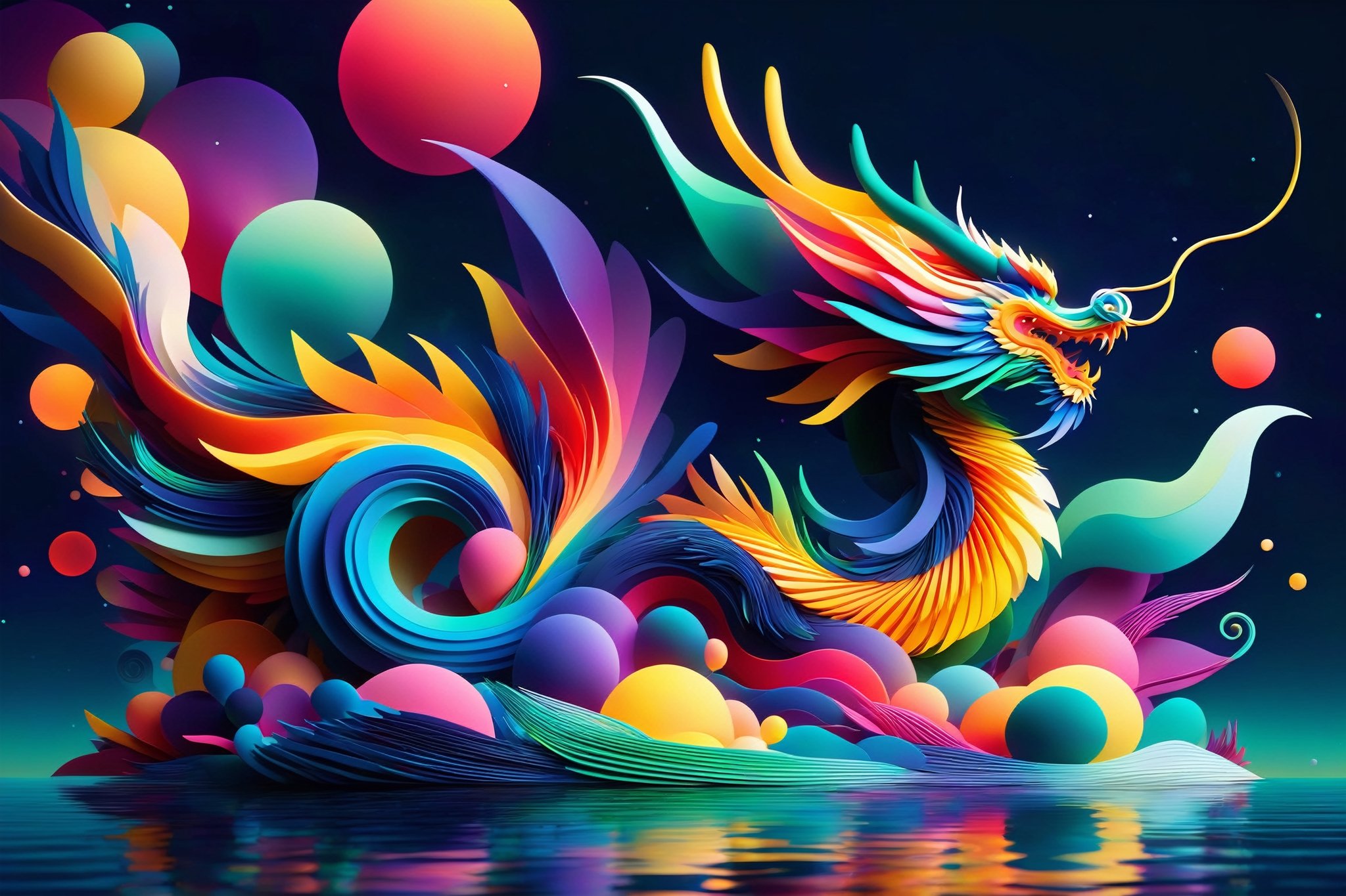 abstrgn style dragon, minimalistic colourful organic forms, energy assembled, layered, depth, alive vibrant, 3D, abstract, full body, no humans, sharp teeth, long tongue, powerful claws, majestic tail, sweeping intricate horns, wings, (magical floating particles), eastern dragon, floating over water, night time, lake background, moonlight shadow
