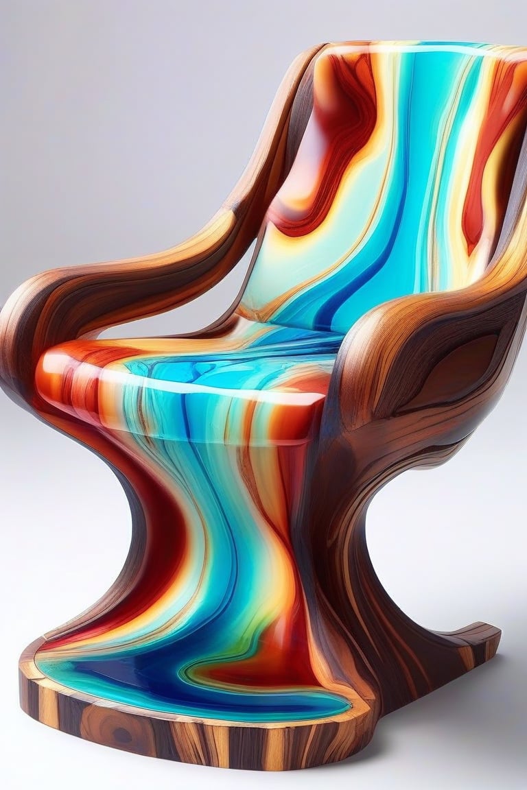 A photorealistic image of an armchair made from epoxy resin and timber, concept fusion piece, vibrant colour resin, fluid dynamic, flowing, exotic timber, detailed background, no humans, still life, reflection, shadow, water effect, AAr3s1nfl0w