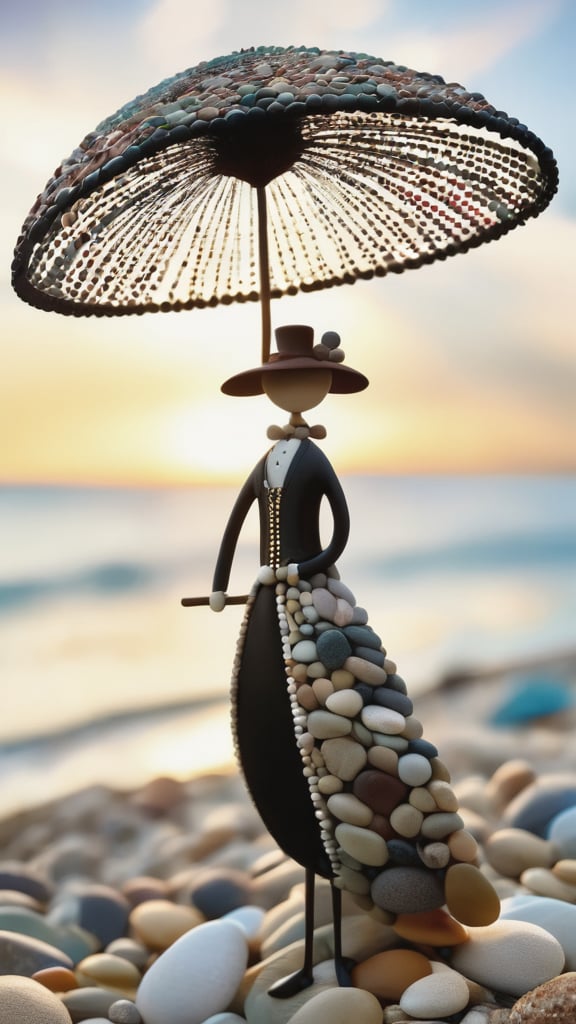 A whimsical character made out of smooth river pebbles. Dressed elegantly. Holding a parasol. Standing on the beach watching a sunset over the ocean. Inspired by Katia Chausheva's viennese actionism.