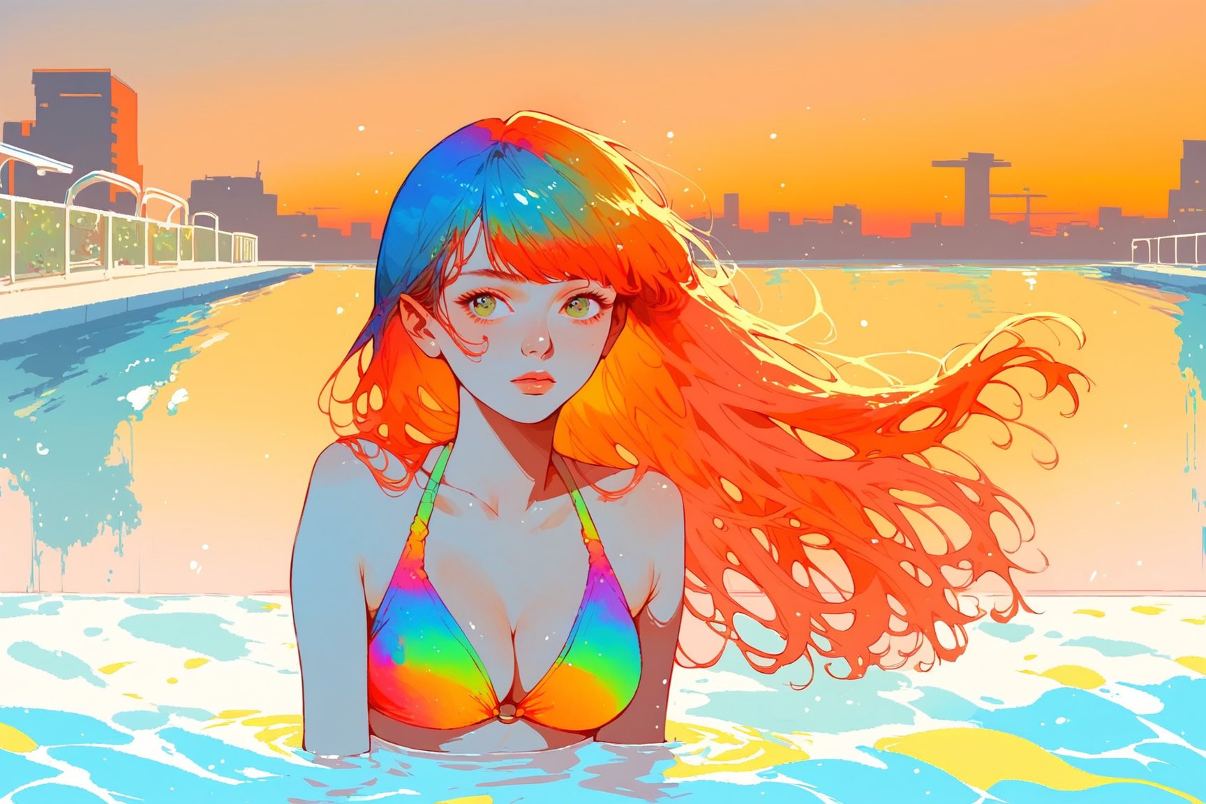 score_9, score_8_up, score_7_up, 1girl, long hair, bangs, half body in pool, (bikini), cleavage, in hair, colourful, thermal, orange, green, yellow, blue, rooftop pool, sunset, skyline 