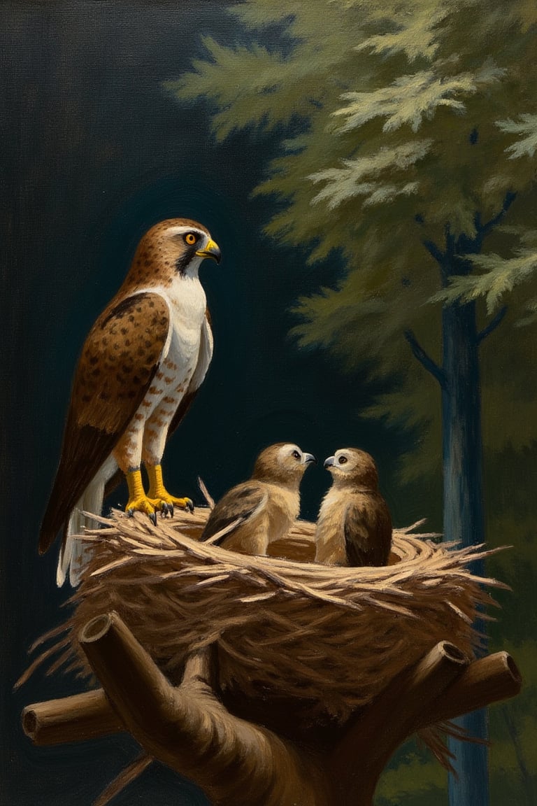 An EdwardH0pp3r style oil on canvas depicting a sparrowhawk perched on the edge of its nest, looking away from the two baby sparrowhawks looking up at it. It is winter and the cold dark woodland is a maze of shadow. The birds are starving.