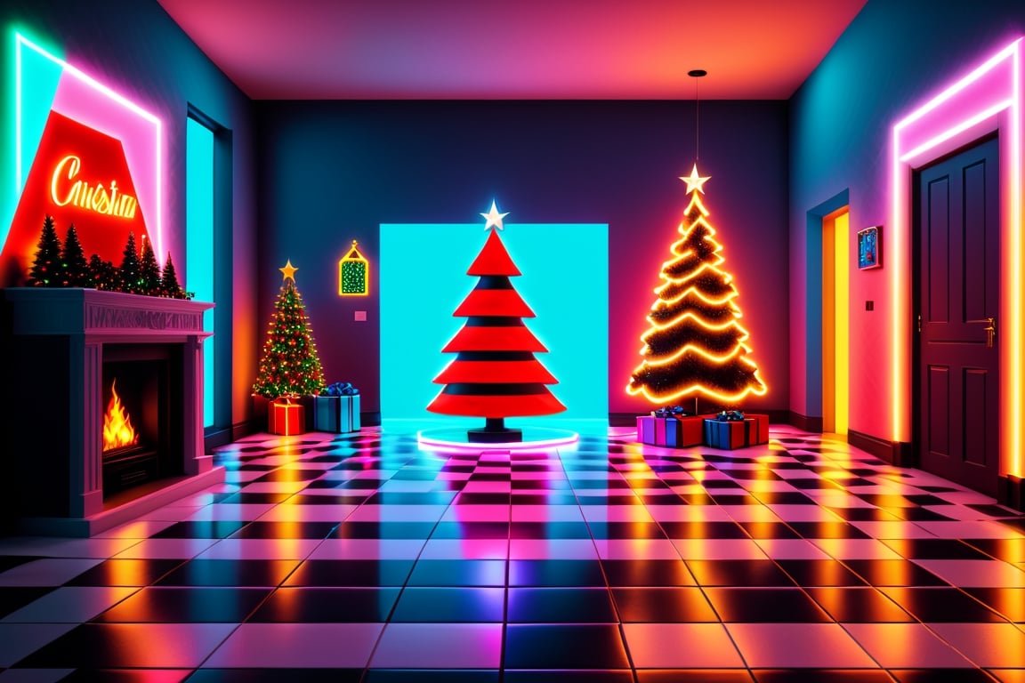 Wave Art Style, santa claus in his house it has a checkered floor indoors with neon lights christmas tree and presents, scenery, speaker, tile floor, tiles, (masterpiece, 8k RAW photo, best quality:1.2), absurdres, volumetric lighting, quixel megascan