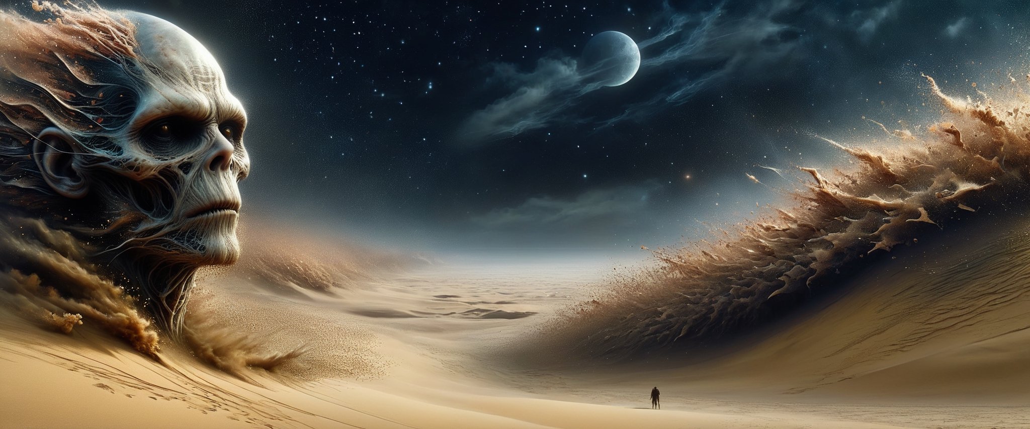 An entire sand dune metamorphosizes in to the unearthly terrifying form of a golum's head, ultra detailed, dune made of sand, golum made of sand, in style of 1984 Dune directed by David Lynch and blade runner 1982, black sky stars in sky , photographic, cinematic photography,