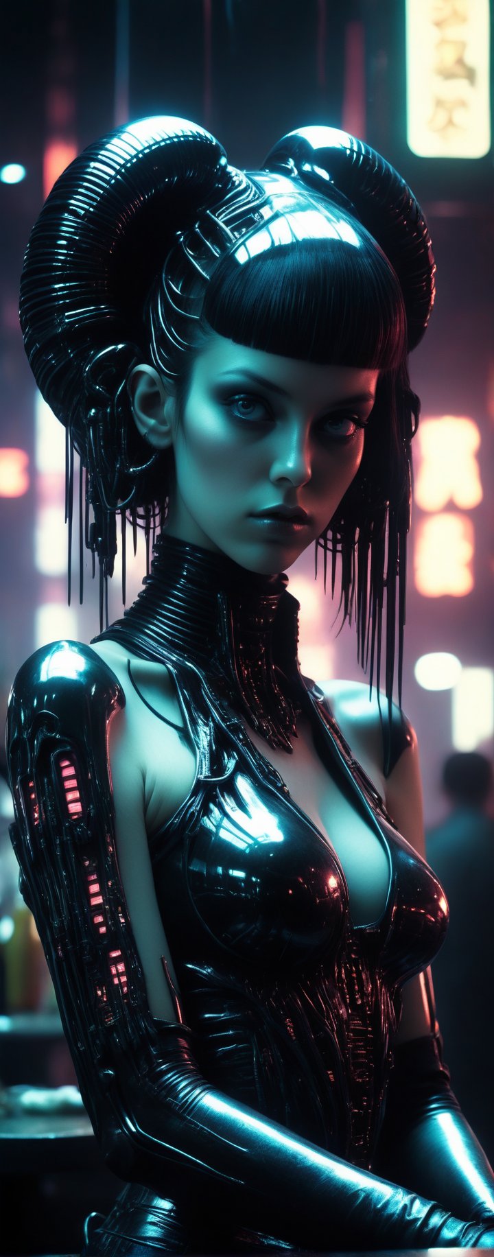 (By Lovecraft, Shinkai, Giger) a beautiful 20 year old alternative replicant beauty, big breasts, sitting at a blade runner bar, blown glass aesthetics, metallic atmosphere, atomic neon, timeshift reflections, 