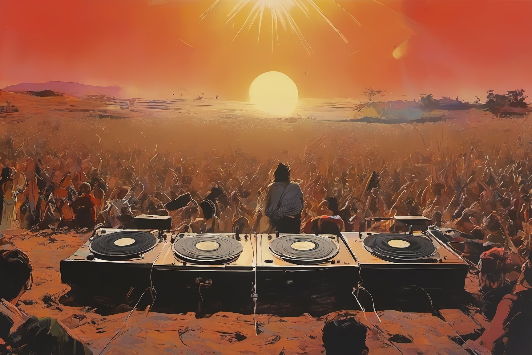 Huge (open air, field: 1.4) with a didtant DJ stage, ((panoramic: 1.5)), wide angle shot, warm gold theme, psychedelic. It's the 1988 raindance rave, dawn breaks on a handful of people scattered on a wide open field, flat horizon, (((countryside field: 1.2))), the sunlight rushes through the space between people, creating a scene of space and togetherness, illuminating the horizon and warming the bodies of those still dancing and rejuvenating their passion for the music, the energy of those left standing begins to pulse heavily again as the DJ starts to accelerate the hypnotic beats of acid house music, ravers are lost in the rhythm and full of euphoric love for each other. The air is thick with the scent of sweat, mingling with the sweet aroma of incense. As dawn breaks and the sunlight streaks through the ravers like laser beams, a collective sense of unity and euphoria permeates the crowd, marking this moment as a timeless celebration of the summer of love, oldschool ((retro style)), ((film grain)), 1980s (style), ((acid house aesthetics)), ((volumetric mist)), nostalgic atmosphere, reverberating music, pumping bass, wide angle shot, 1980's photographic resolution, kodak film photograph, on black oil, droplets, wind, red oil rain, colorful, luminism, bioluminescence, studio lighting, hyper detailed, (masterpiece, best quality:1.4), absurdres, vibrance, ray tracing reflection, sharp focus, shallow depth of field detailed background, (ultra realistic:1.2), 16k resolution.,AshleyWoodArtAI,greg rutkowski,1980s (style)