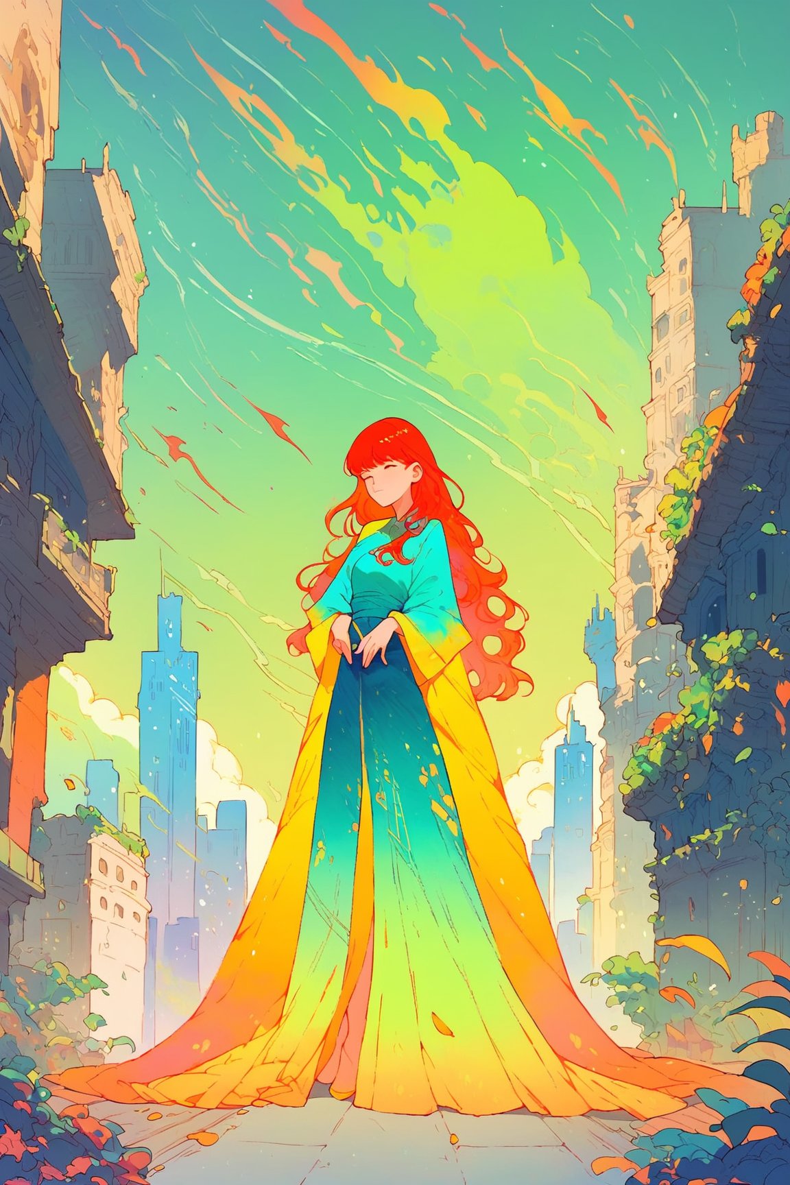 score_9, score_8_up, score_7_up, 1girl, long hair, bangs, full body, colourful, thermal, orange, green, yellow, blue, cityscape,