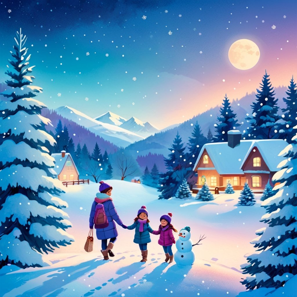 Winter Children's Book Illustration, Cool Color Palette, Snowman, Family, Snowfall, Winter Wonderland Landscape, Twilight, Festive Mood,
