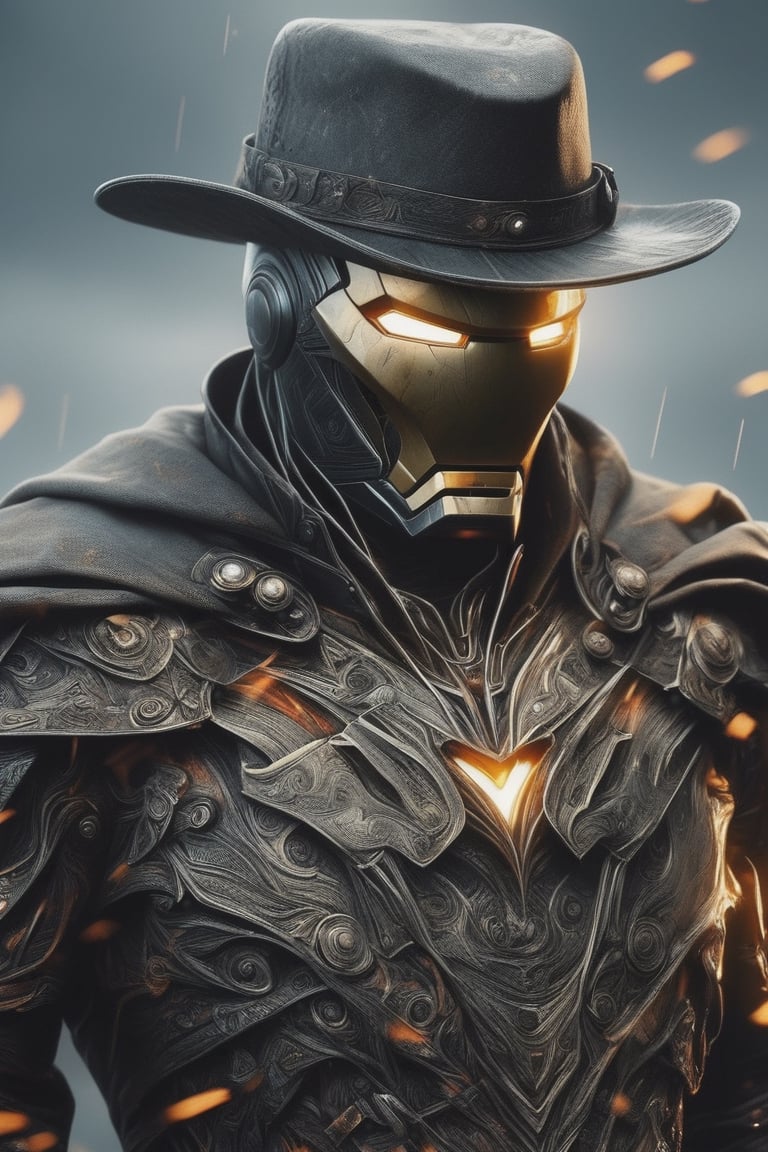 bpe-illuminati cinematic scene, iron man half mask, gunslinger, damascus, rust hue, grim black cowboy hat, long rugged raincoat in the wind, rugged victorian fashion suit features, upper body,