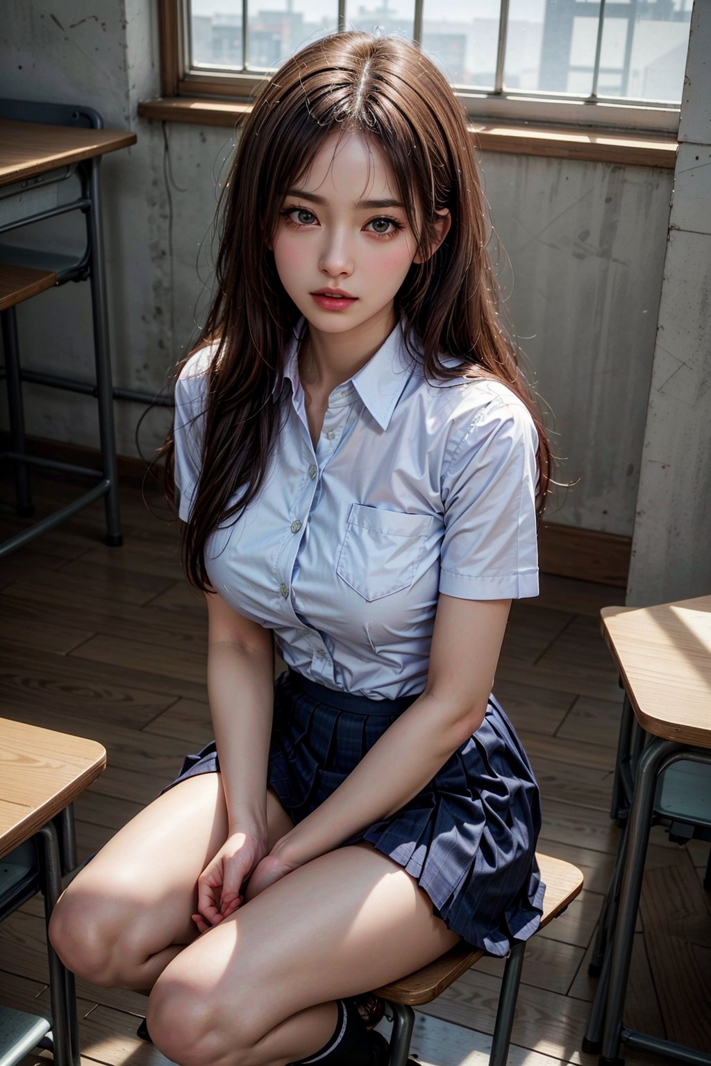 mj3d style,3dmm,3d,(full body shot:1.3), light on face, school_uniform, (very large breasts open_shirt:1.2), lifting_skirt,high_school_girl, bokeh:1.2, indoors, looking at viewer, (22 years old Japanese woman), large breast, medium waist, long black flowing hair glamour, (green eyes, beautiful eyes), beautiful face, perfect illumination, beautiful detailed eyes, looking at viewer, stunningly beautiful woman, detailed hairstyle, , good hands, detailed hands, good feet, (8k, RAW photo, best quality, masterpiece:1.2), (realistic, photo-realistic:1.37), ultra high res, photon mapping, radiosity, physically-based rendering, (ambient light:1.3), (cinematic composition:1.0),professional soft lighting, 