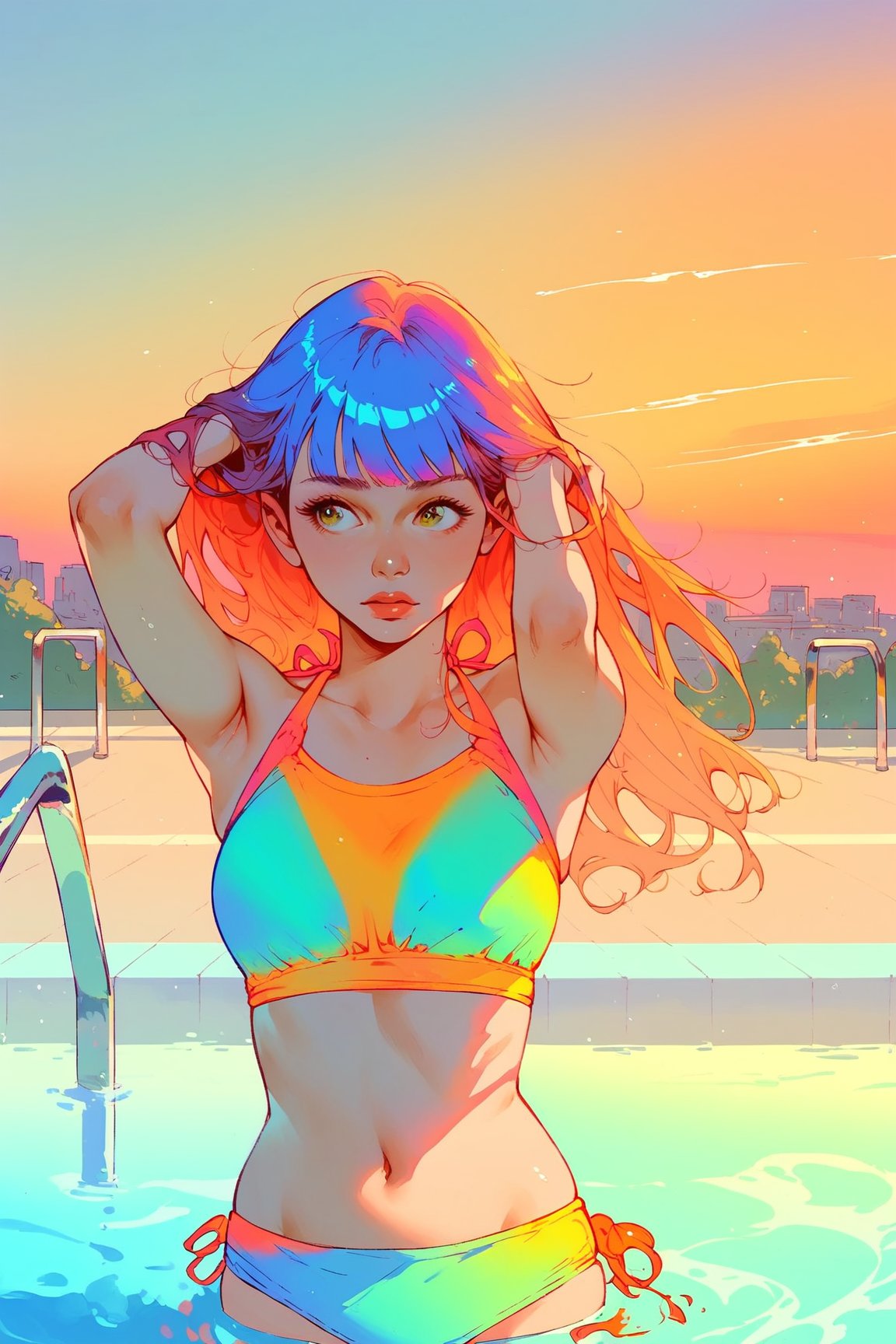 score_9, score_8_up, score_7_up, 1girl, long hair, bangs, half body in pool, (bikini:1.2), hands in hair, colourful, thermal, orange, green, yellow, blue, rooftop pool, sunset, skyline 