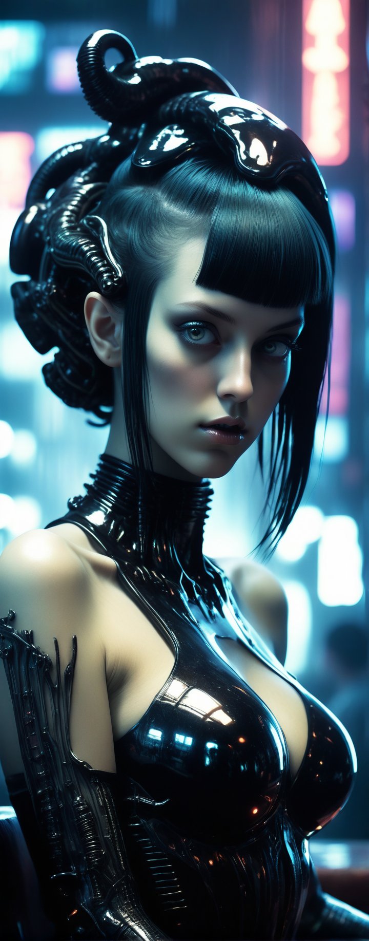 (By Lovecraft, Shinkai, Giger) a beautiful 20 year old alternative replicant beauty, big breasts, sitting at a blade runner bar, blown glass aesthetics, metallic atmosphere, atomic neon, timeshift reflections, 