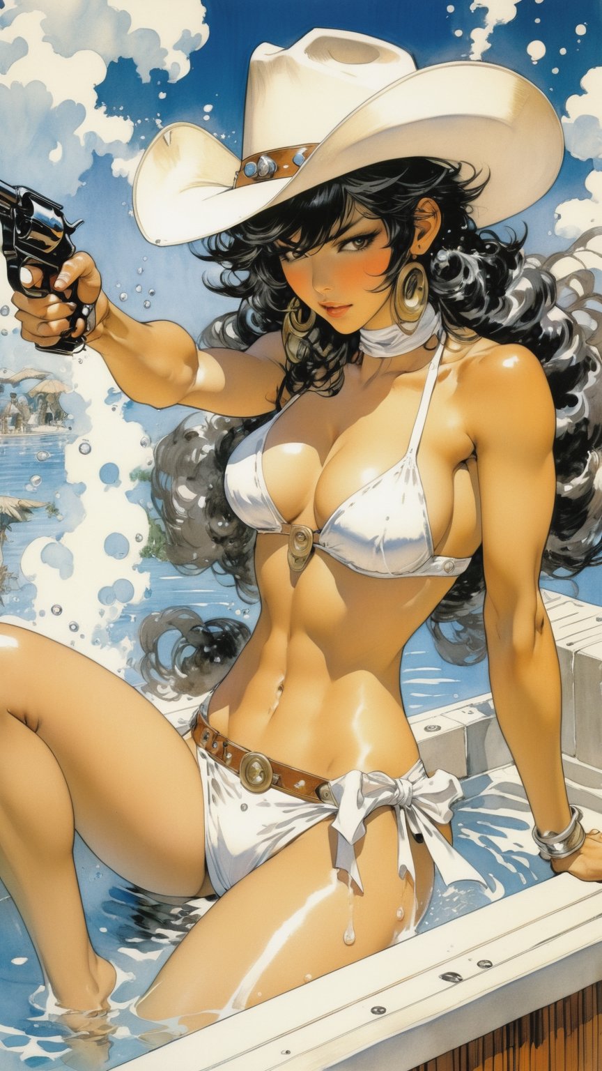 Anime artwork. Cowgirl,  Asian,  pointing with a gun,  splashing in a hot tub outdoor,  white bikini,  white cowboy hat,  art by Masamune Shirow,  art by J.C. Leyendecker,  anime style,  key visual,  vibrant,  studio anime,  highly detailed