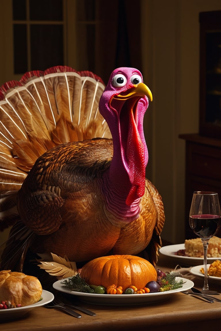 (masterpiece),
a terrified turkey, scared, thanksgiving 
dim light, humour,