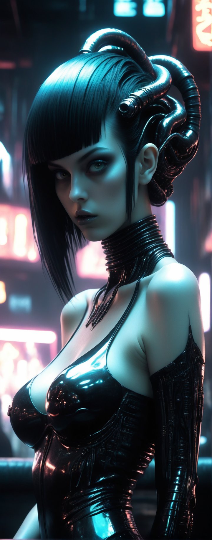 (By Lovecraft, Shinkai, Giger) a beautiful 20 year old alternative replicant beauty, big breasts, sitting at a blade runner bar, blown glass aesthetics, metallic atmosphere, atomic neon, timeshift reflections, 