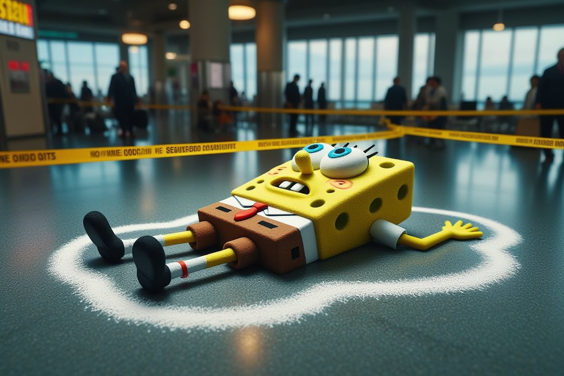 A highly detailed CGI rendered image of Spongebob squarepants, laying dead in a busy airport terminal. Yellow police tape cordons off the area. Surrounding the body is a thick white chalk outline, depicting a crime scene.