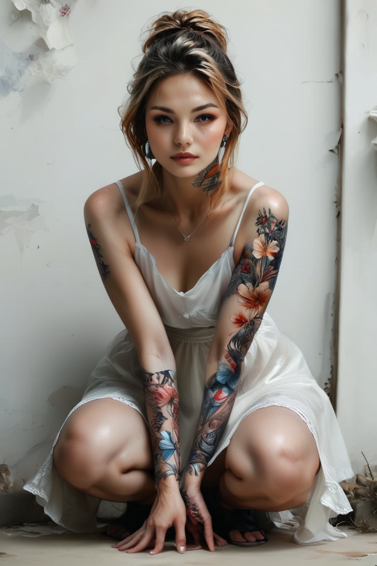 photorealism, photo-model view, 1girl, crouching, seductive look, beautiful face, lustful, (tattoo:1.1), wearing summer dress, ultra detailed background, concept art, realistic, AAp41nt3dladies