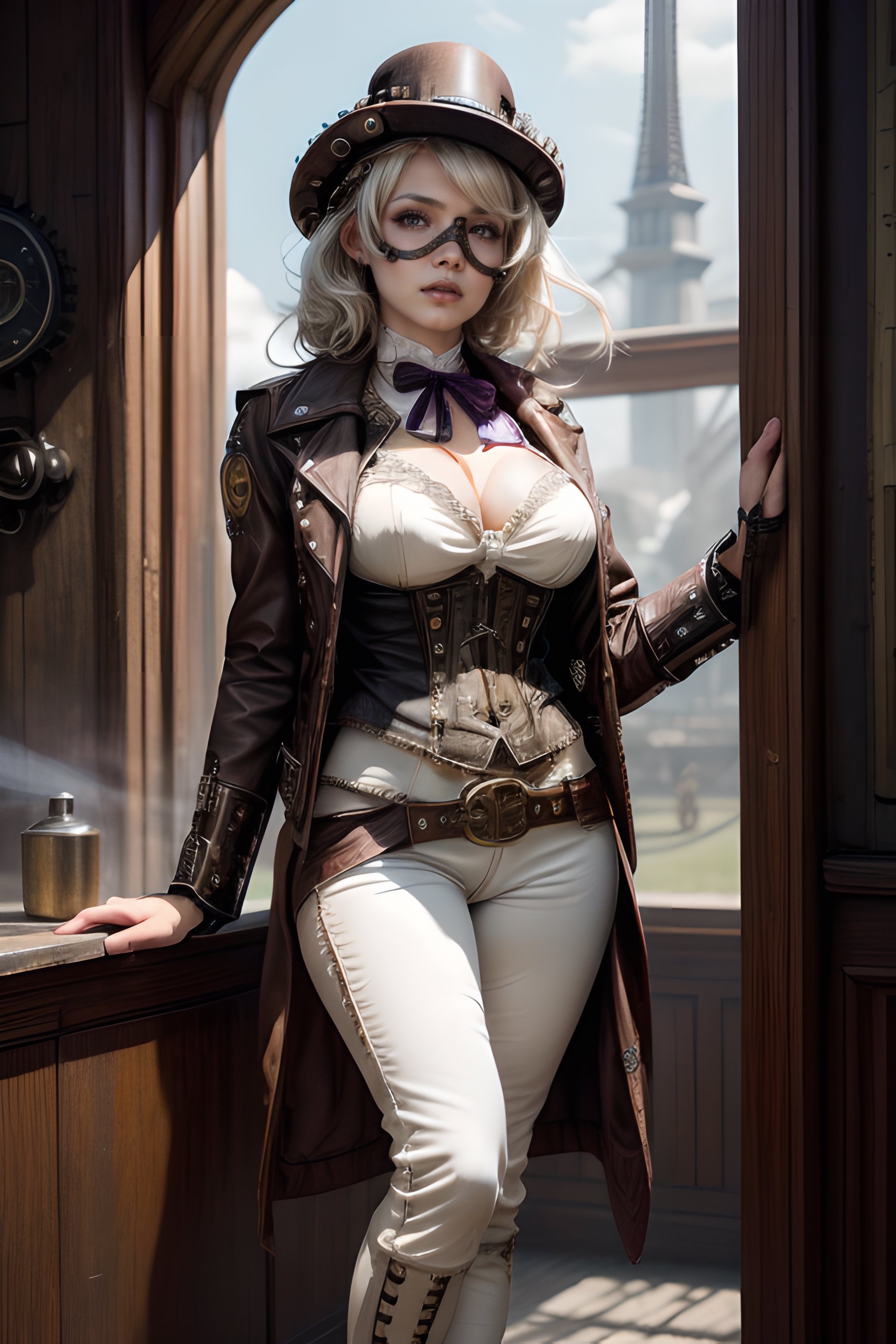 ((​masterpiece、top-quality)), (Photorealistic photography:1.4) ,(steampunc:1.6), White Elegance, (intricate detailes),1 persons, femele, 24 year old, Mystical Beautiful Girl, perfect anatomia, huge colossal cleavage, perfectly proportions, face perfect, Strong gothic makeup, Whitewashed face, Purple Lipstick, Purple eyeshadow, (Heavy makeup:1.4), Pathological beauty, Bright on the face, Details of face, serious faces, Platinum blond hair, long straight Cut Hair, Parting aligned bangs, Hair that flutters in the wind, Steampunk world, Leather jacket, Leather Vest, White blouses, Ribbon Ties, Long leather trousers, Leather Scout Mask, leather brim hat, lace-up boots, um Home Detetive, conceptual art, 真实感, godrays, Cinematographic lighting, canon, high details, hiquality, HD fine, 16K resolution, Full body portrait, full body Esbian