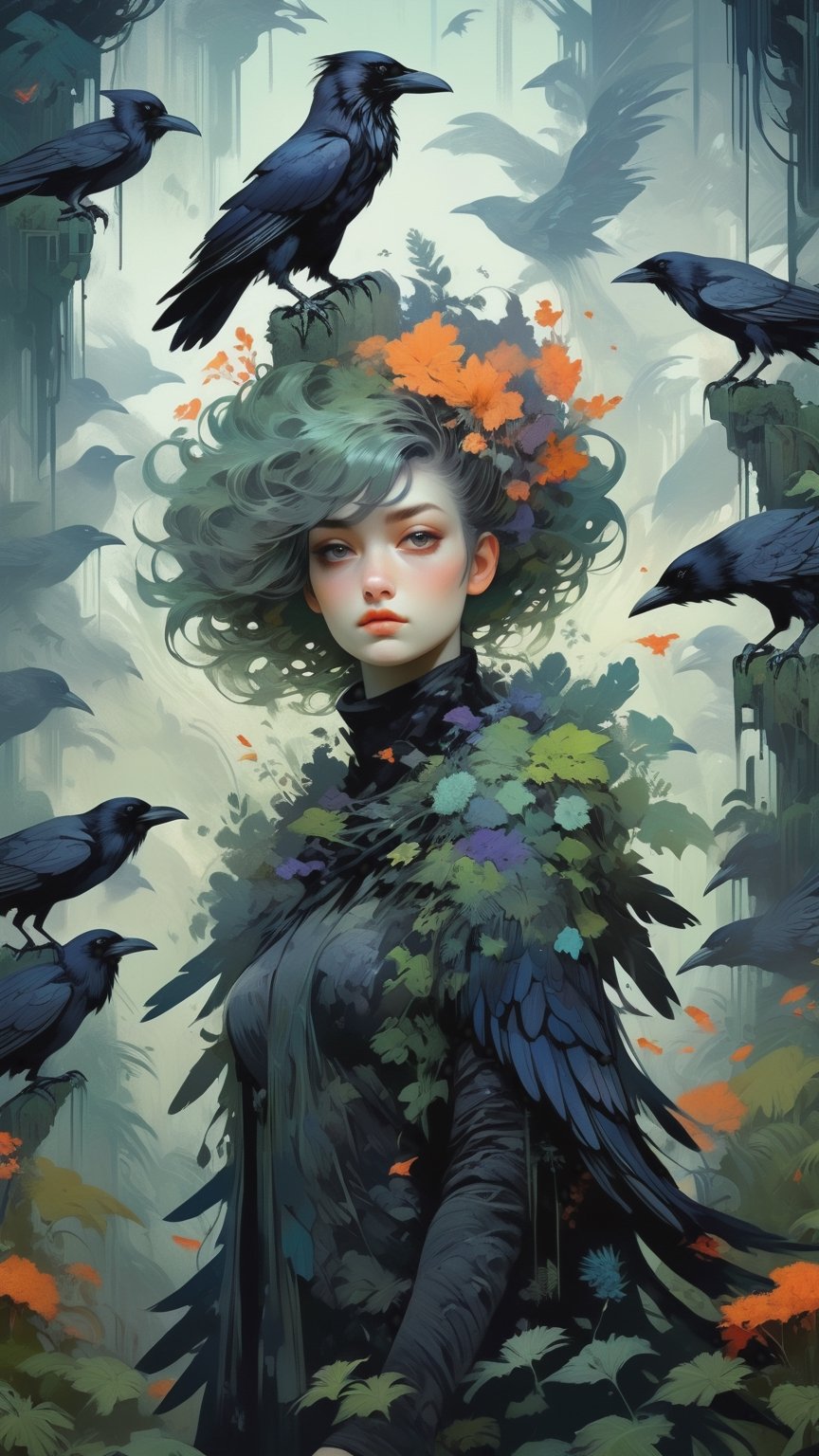 The girl was surrounded by (huge ravens:1.2),1girl,a beautiful 30y old girl with (black ravens :1),(ravens:1.2),lush plants,(limited color palette),extremely lush and colorful hair,(full body:1.3),(alluring pose:1.3),
masterpiece, official art, unity 8k wallpaper,ultra-detailed, beautiful and aesthetic, best quality, intricate details, official art, unity 8k wallpaper,ultra-detailed, beautiful and aesthetic, beautiful, masterpiece, best quality, portrait of the most beautiful form of chaos, elegant, a brutalist designed, vivid colours, romanticism, atmospheric
(Highly detailed, amazing fantasy setting),(Colorful, High quality, Highly detailed, Sharp focus, 8K UHD),(trending on artstation),
