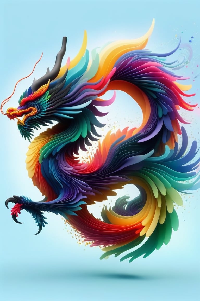 dragon, minimalistic colourful organic forms, energy assembled, layered, depth, alive vibrant, 3D, abstract, full body, no humans, powerful claws, majestic tail, sweeping intricate horns, floating particles, eastern dragon, shadow